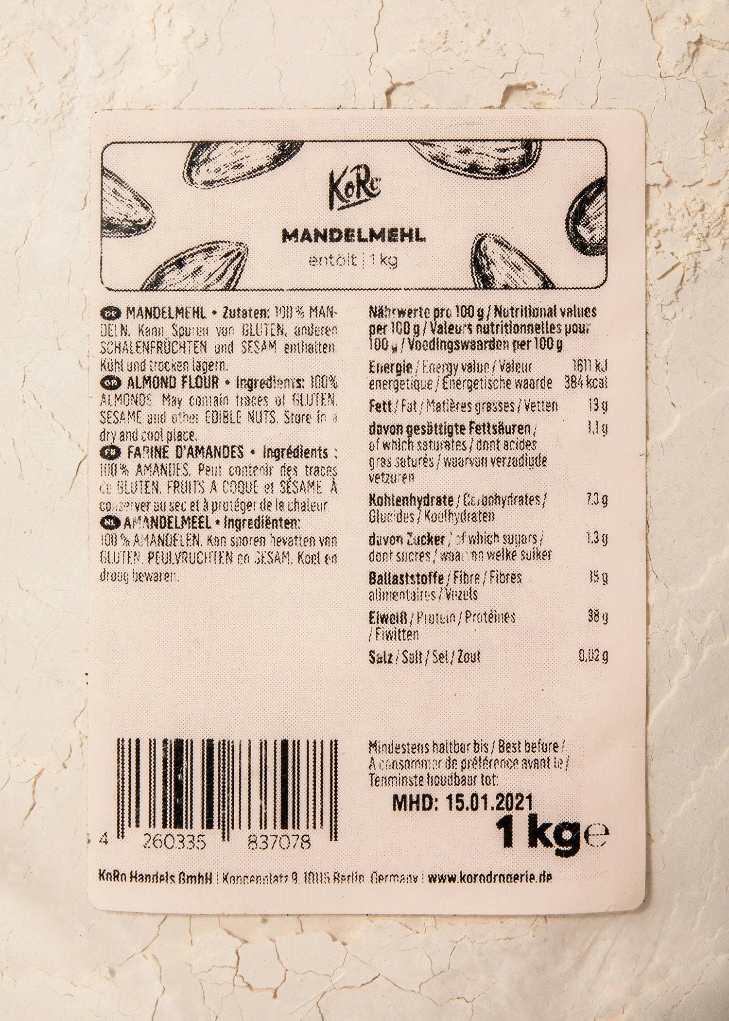 KoRo - Farine d’amande déshuilée 1 kg - Farine low carb, idéal pour régime keto