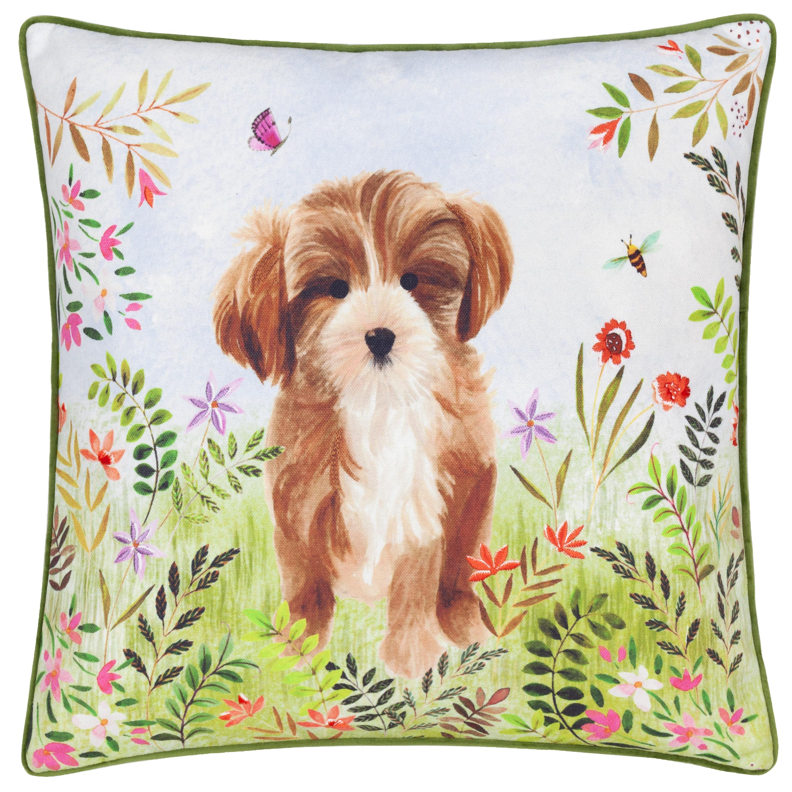 Evans Lichfield - Daisy Hill Charlie Cushion - Velvet/Polyester Blend - Green