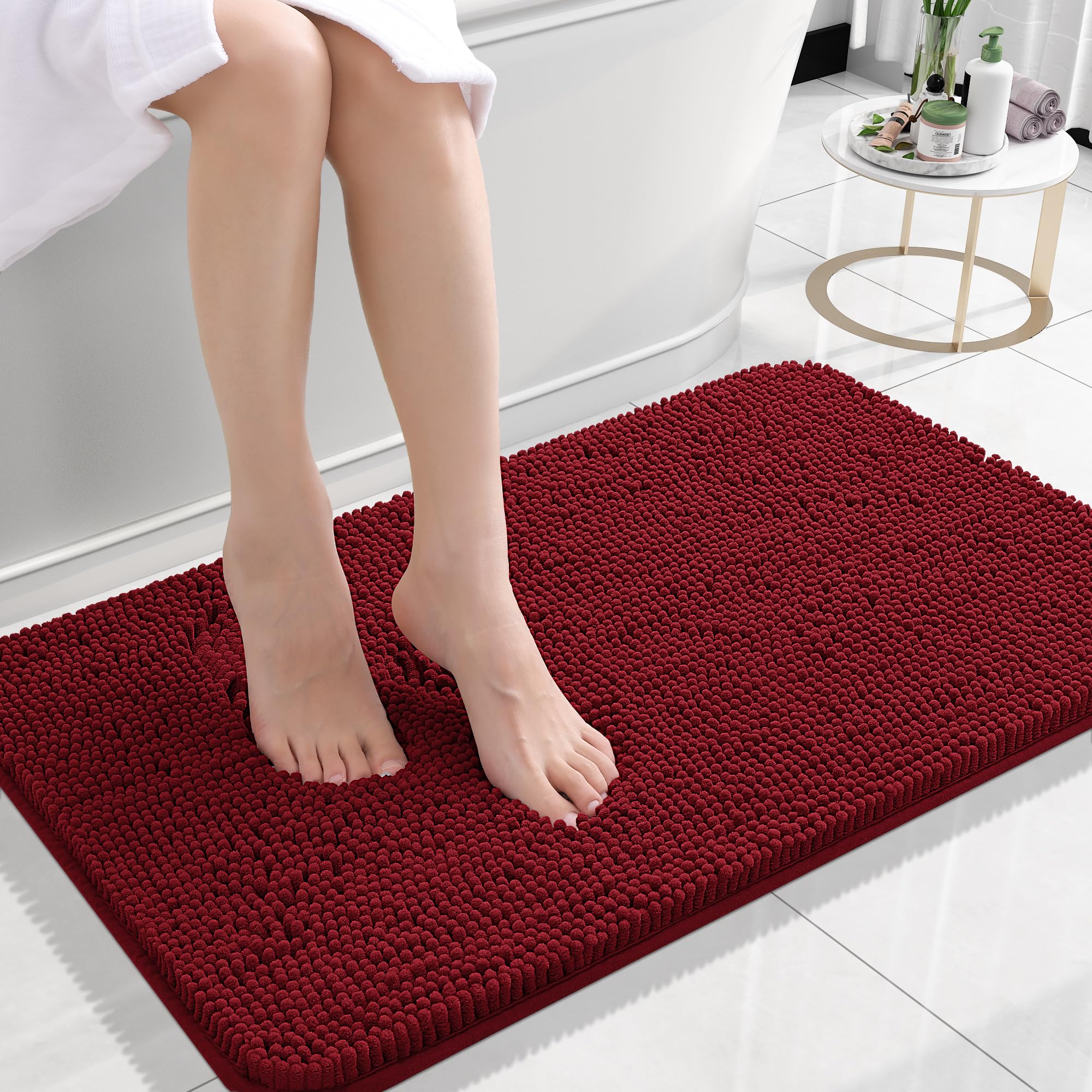 OLANLY Small Bathroom Rugs 24x16, Extra Soft Absorbent Chenille Bath Rugs | Red, Quick-Drying Rubber Backing, Machine Washable Bath Mat for Bathroom Floor, Tub and Shower, Home Decor Accessories