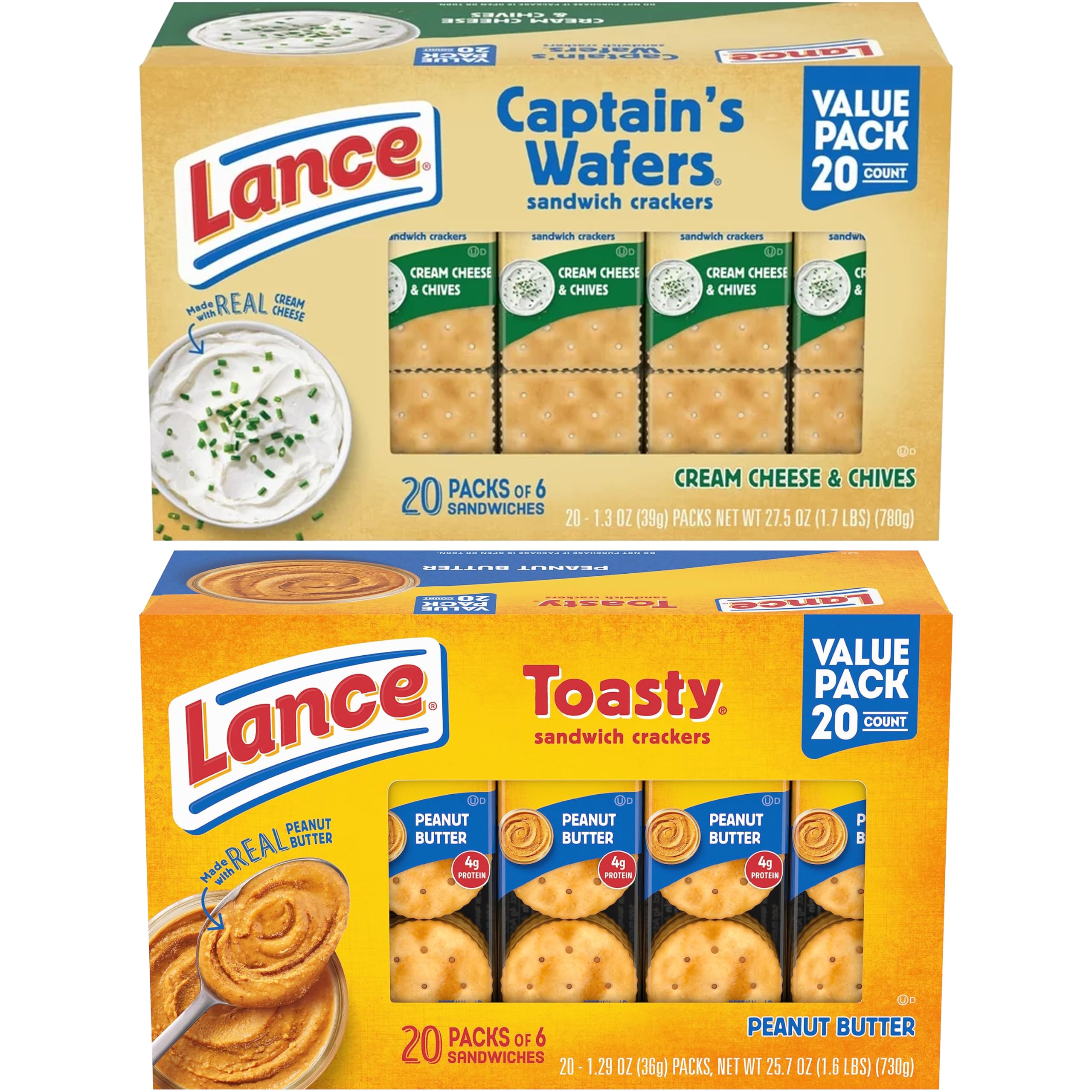 Lance Fresh Toasty Crackers with rich peanut butter sandwich crackers, Lance Captain's Wafers, Cream Cheese and Chives, Cheese Sandwich Crackers, Lance Peanut Butter Crackers for a total of 40 units