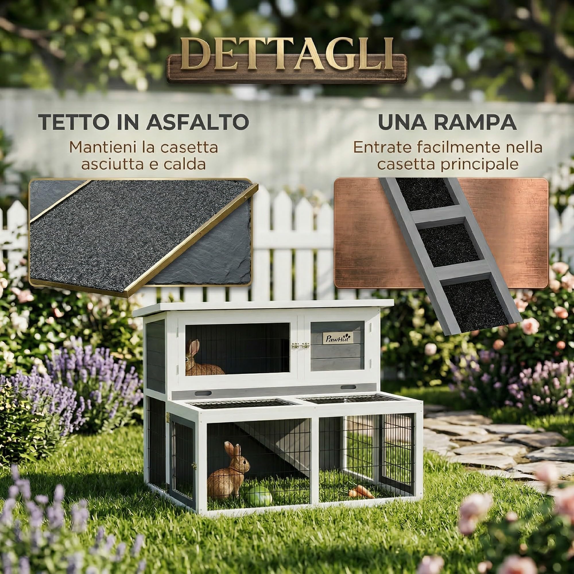 PawHut Conigliera da Esterno e Interno a 2 Livelli, Gabbia per Conigli con Vassoio Rimovibile, Cassetta per 2-3 Conigli con Area Aperta e Tetto Sollevabile in Legno di Abete 122x95x93,5 cm Grigio