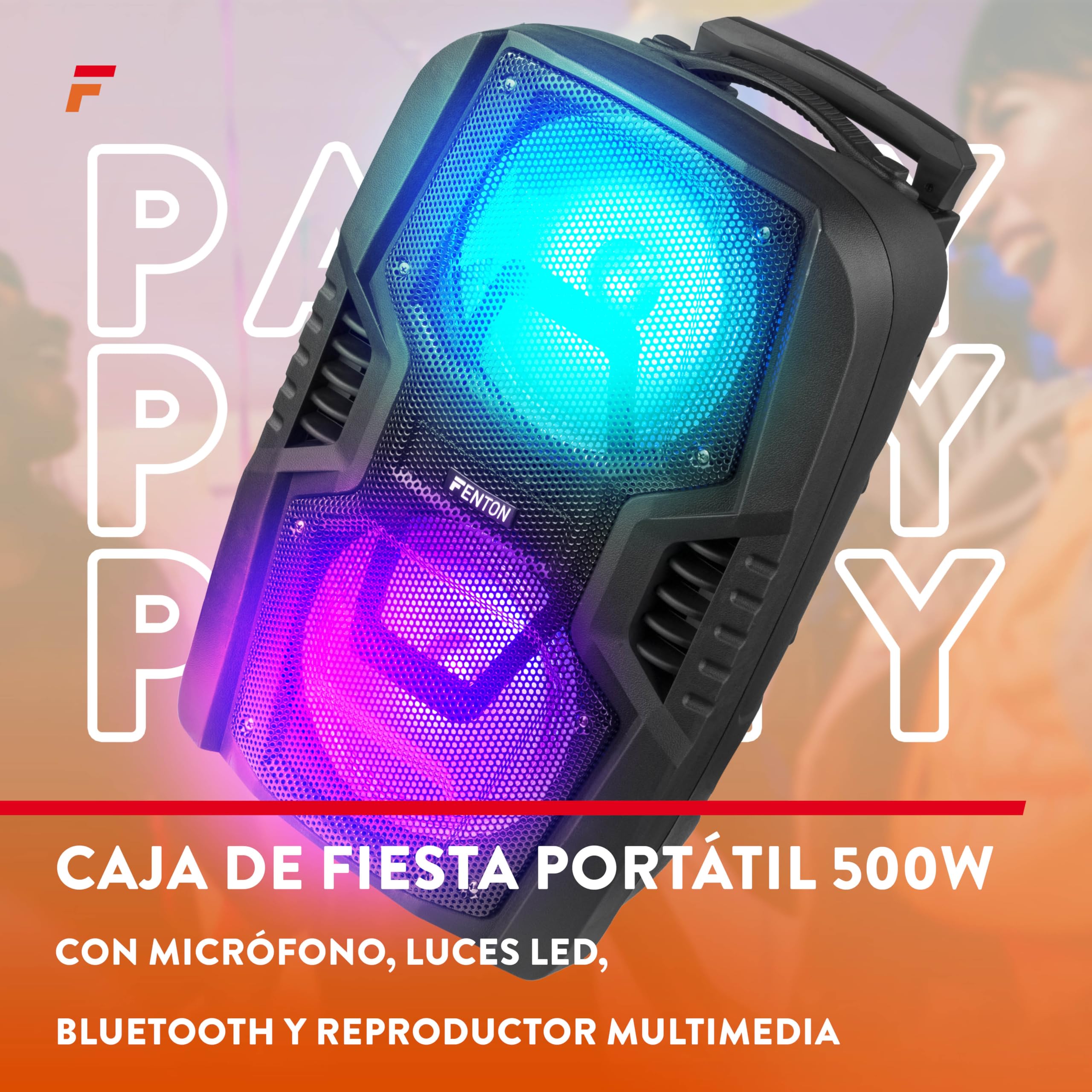 Fenton FT208LED – Altavoz Bluetooth Grande Potente 500W con microfono, Doble woofer 8", Altavoz portátil Bluetooth Potente con USB, Karaoke y batería Recargable Color Negro