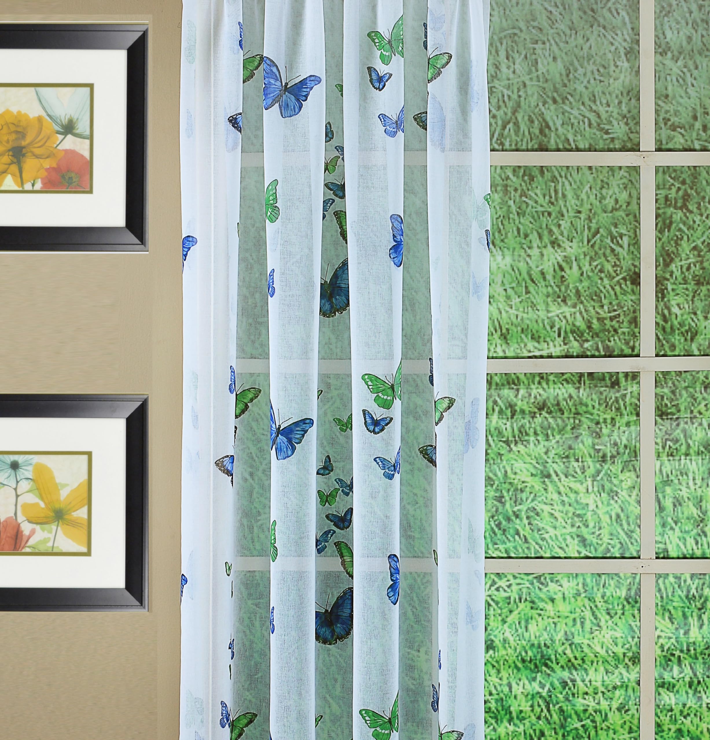 Today's Curtain Butterflies Print Semi Sheer Panel, 84", Blue, 54W x 84L