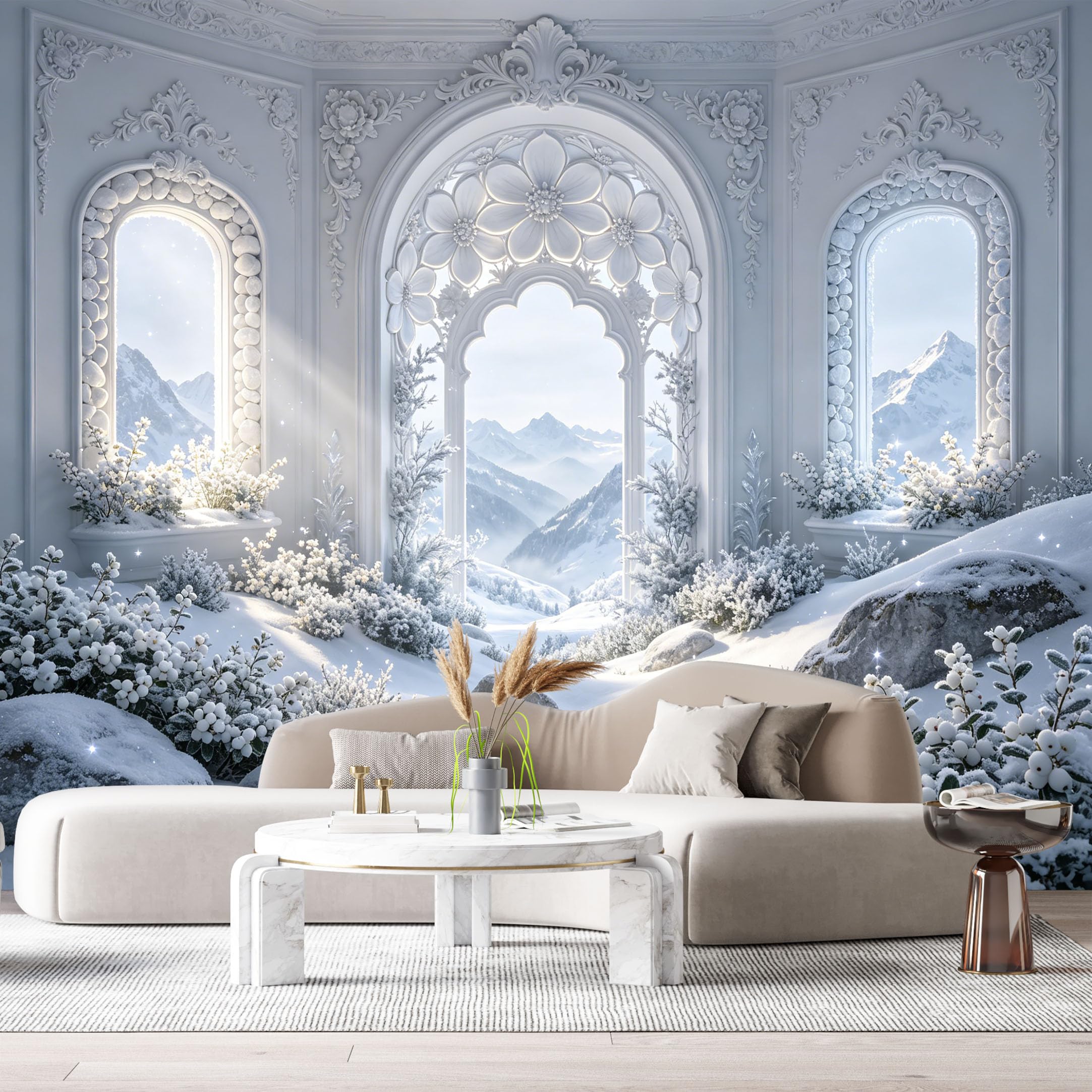 Custom Size Wall Murals Monochrome Fantasy Gothic Interior Snowy Mountains 3D Trompe L'Oeil SelfAdhesiveWall Fabric Removable Wallpaper Wall Decor for Living Room Bedroom Bathroom
