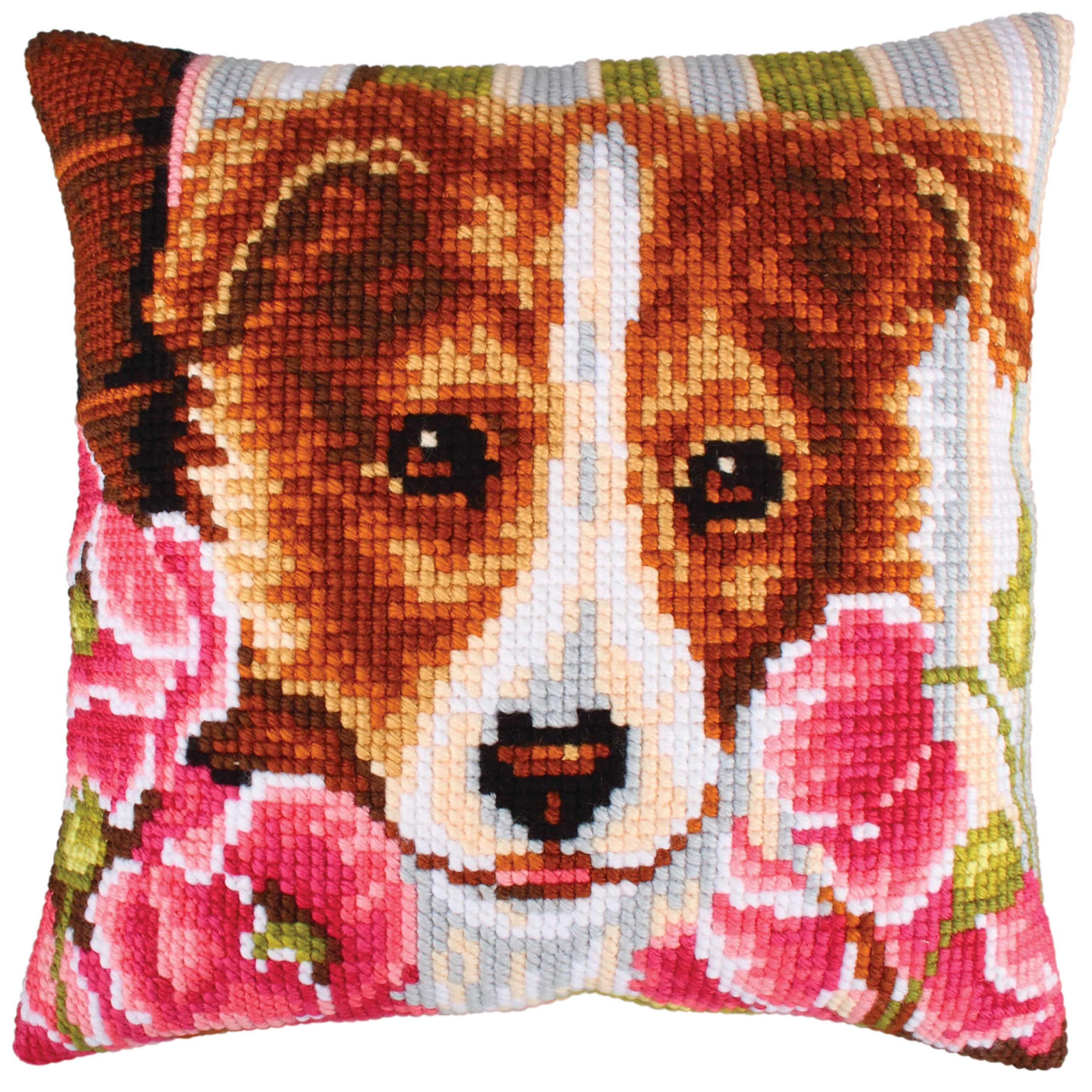 RTO Dog and Pink Poppies Collection D'Art Stamped Needlepoint Cushion Kit, 40 x 40cm