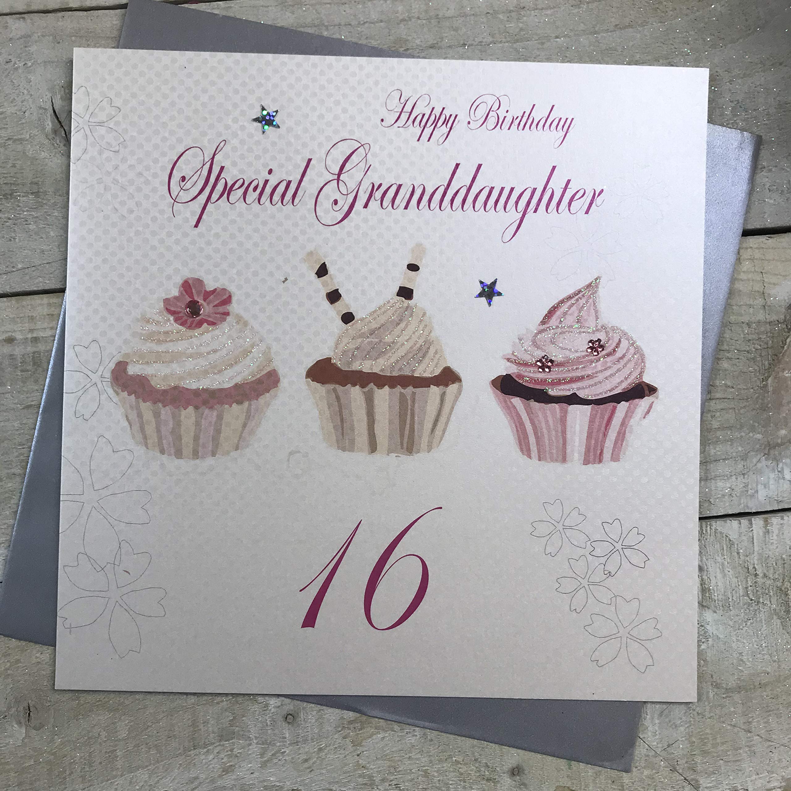 White Cotton Cards Large Happy Birthday Special Granddaughter 16, Cupcakes Handmade 16th Birthday Card, XPD16GD
