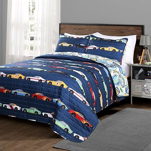 Lush Decor Race Car - Juego de cama de edredón de 2 piezas para niños, juego de ropa de cama reversible para niños, azul marino, tamaño individual