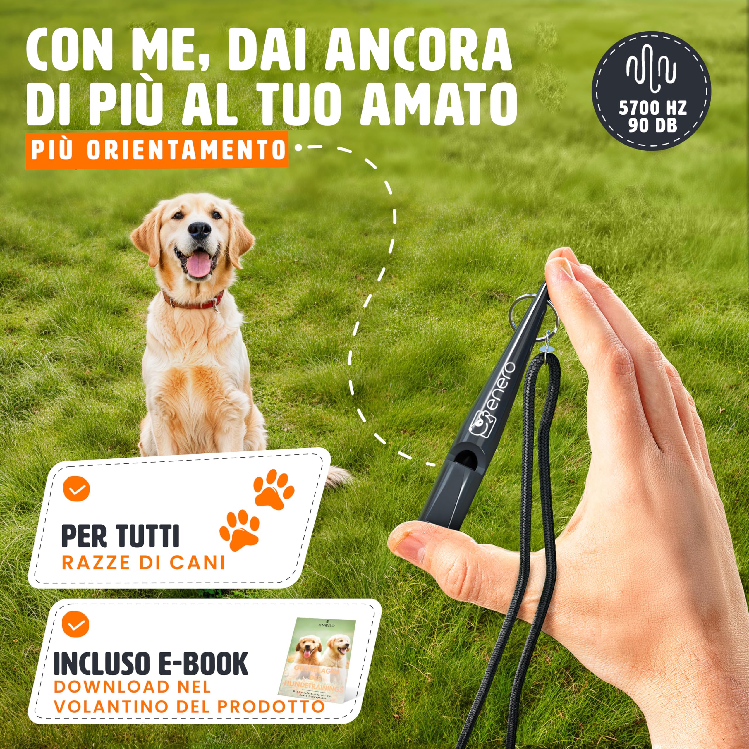 ENERO® Fischietto per cani con pratica fascetta - cani accessori - con frequenza standardizzata - Ideale per l'addestramento dei cani - udibile e di ampia portata - fischio per cani nero