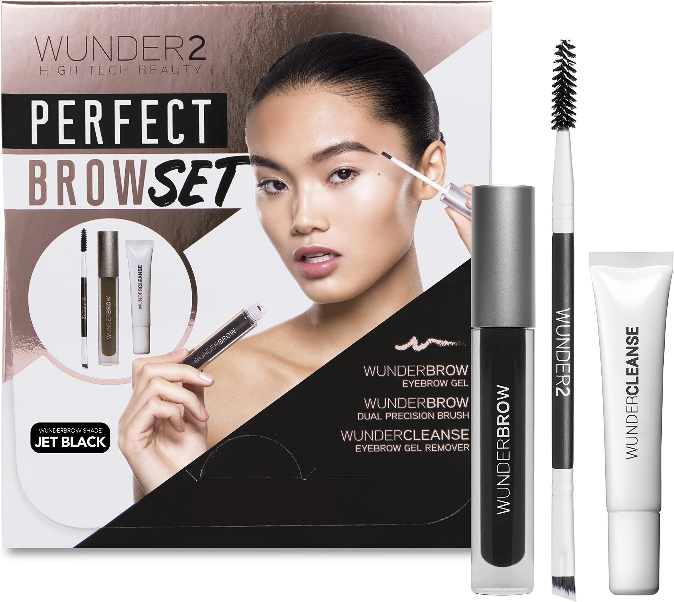 Wunder2 PERFECT BROW SET, Wunderbrow Eyebrow Gel, Wunderbrow Dual Precision Brush & WunderCleanse Eyebrow Gel Remover, Jet Black