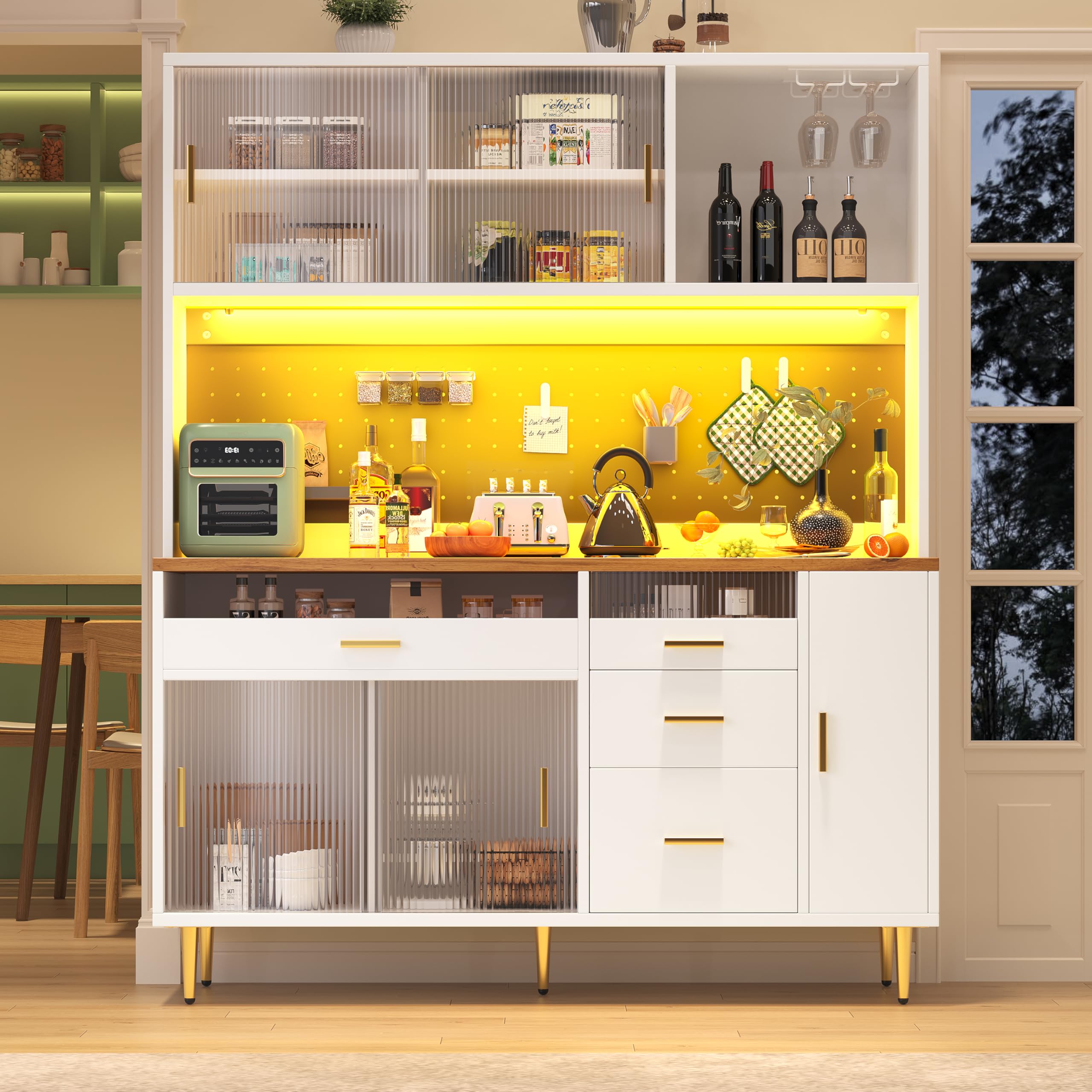 Armadio da cucina, vetrina, con illuminazione a LED, armadio alto con mensole forate, armadio da bar con porta bicchieri di vino e spazio di archiviazione, per cucina e sala da pranzo (bianco