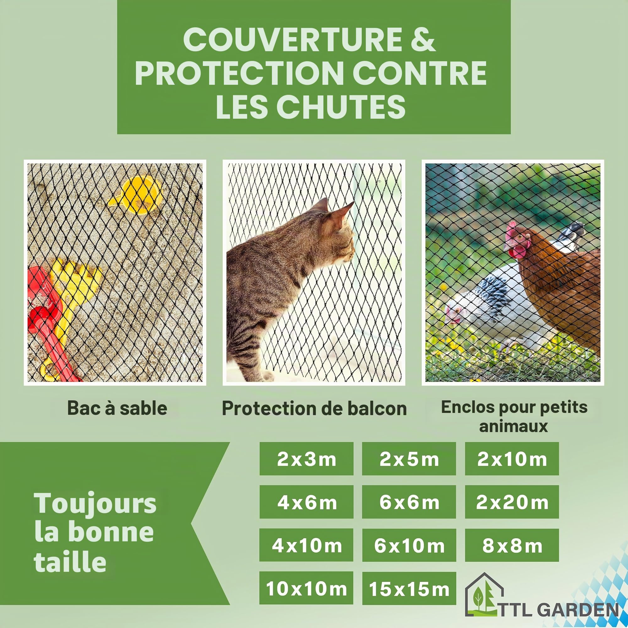TTL Garden - Filet de protection contre les oiseaux - 15 x 15 m - Noir - 30 g/m² - 12 x 12 mm - Maille fine - En polyéthylène haute densité - Filet de protection pour arbres fruitiers - Filet