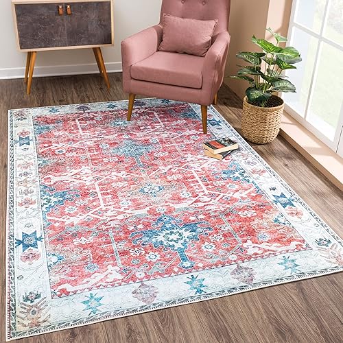 Bloom Rugs Alfombra tradicional persa lavable antideslizante de 3 x 5 pies, color rojo y azul, para sala de estar, dormitorio, comedor y cocina,