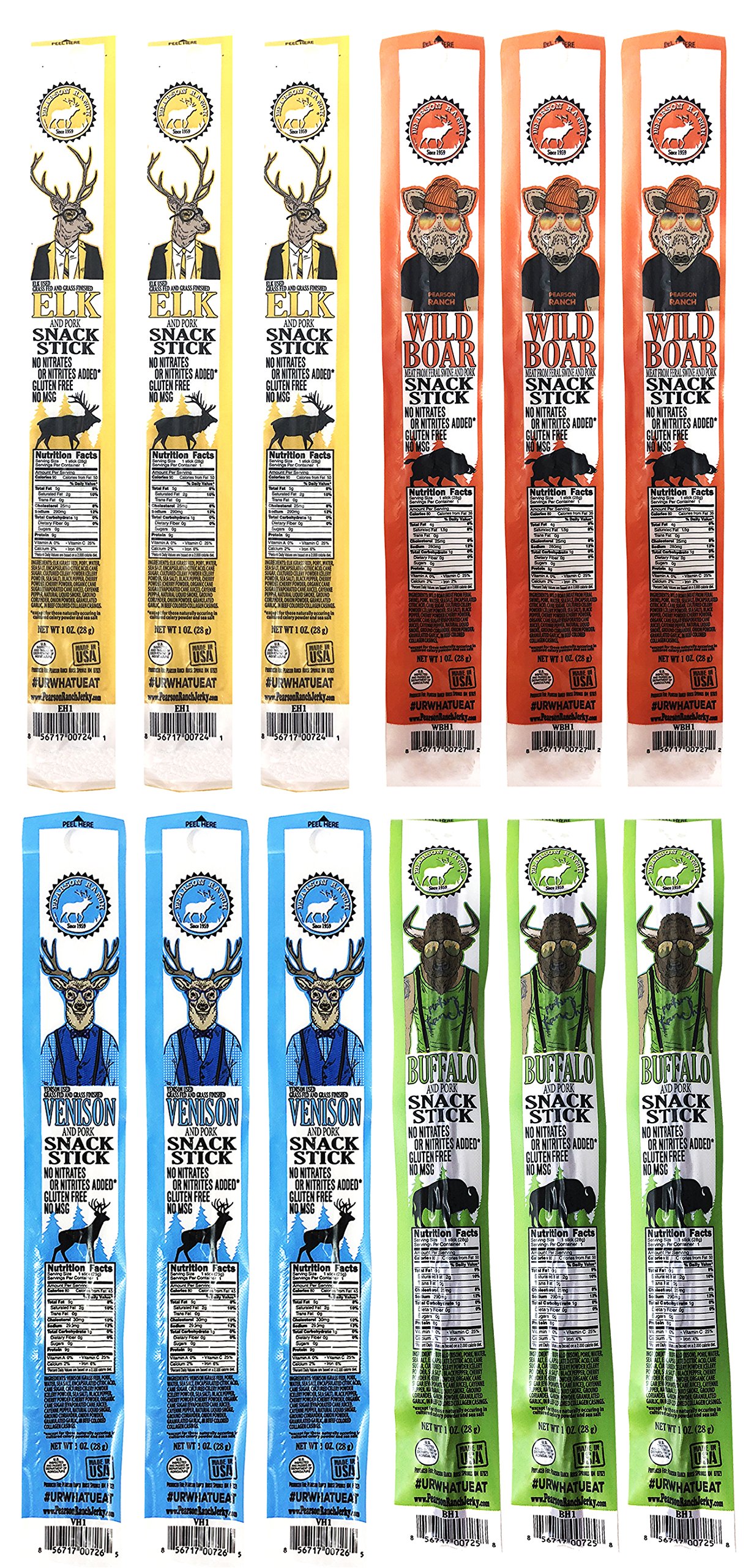 Pearson Ranch Assorted Grass Fed Game Meat Sticks – Variety Pack of 12 – (1oz sticks, 3 each) – Elk, Buffalo, Venison, Wil...