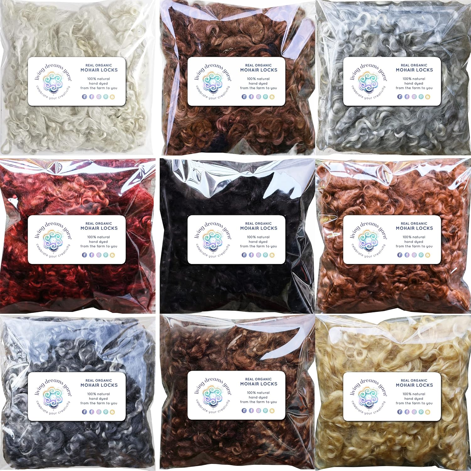 Real Mohair Locks. Hand Dyed Wool Fiber for Rooting, Felting, Blending, Spinning, Wallhangings and Embellishments. 9 Ounce, Includes 9 Colors