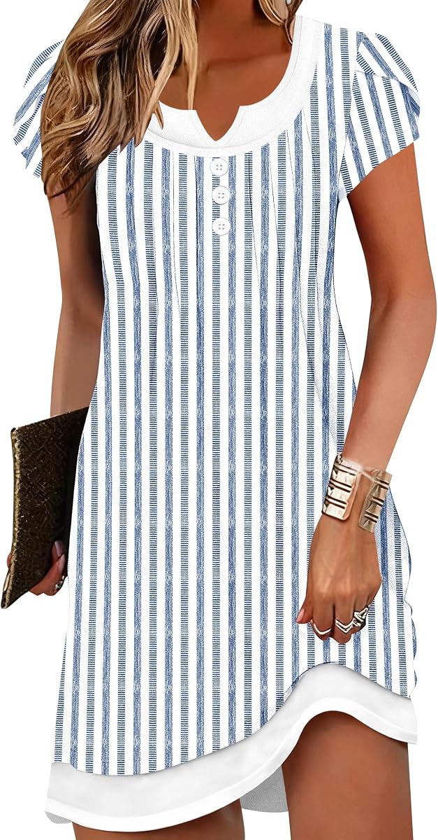 Vestido de playa de verano para mujer cubre trajes de baño vestidos de vacaciones 2026 | Vestidos casuales de manga corta, cuello en V con botones hacia abajo, vestidos de sol de vacaciones de moda 2026, vestidos de verano, vestidos de verano para mujeres ETCYY