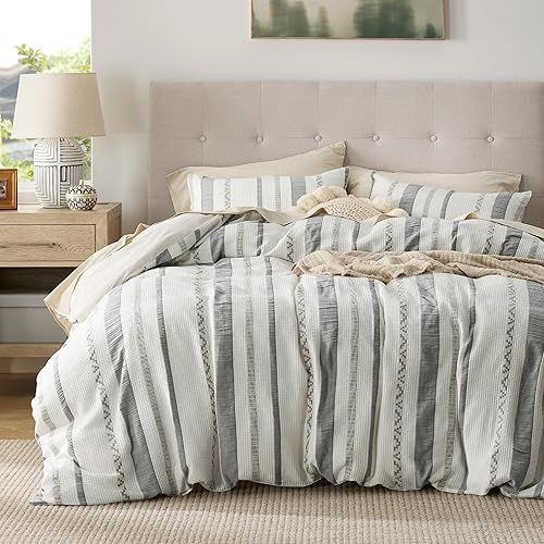 Bedsure Juego de funda de edredón tamaño King, con textura, tejido gofre, 100% algodón, estilo bohemio, 2 fundas de almohada, color blanco crema,