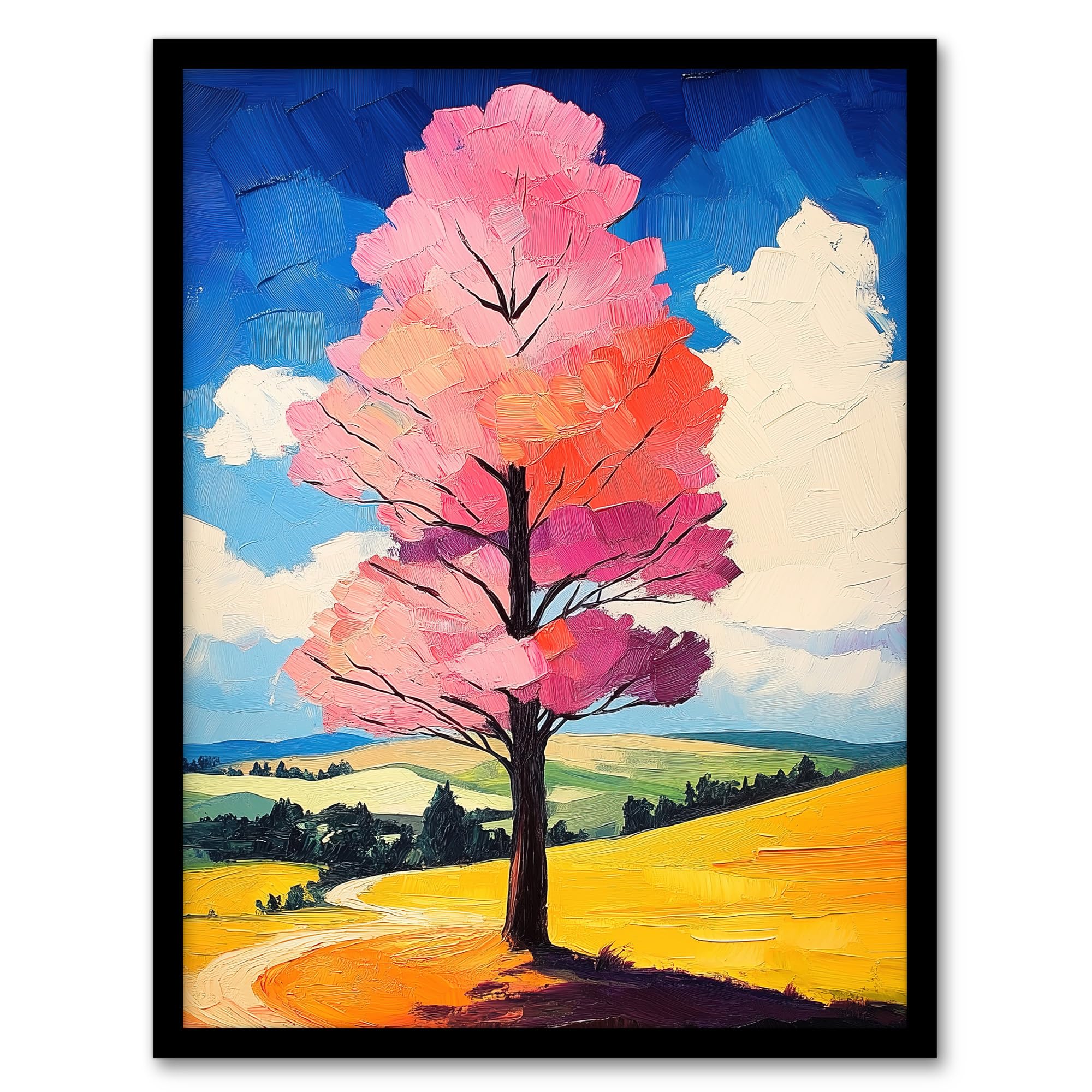 Artery8 Pink Tree in Countryside Field Landscape Painting Living Room Artwork Framed Wall Art Print 18X24 Inch
