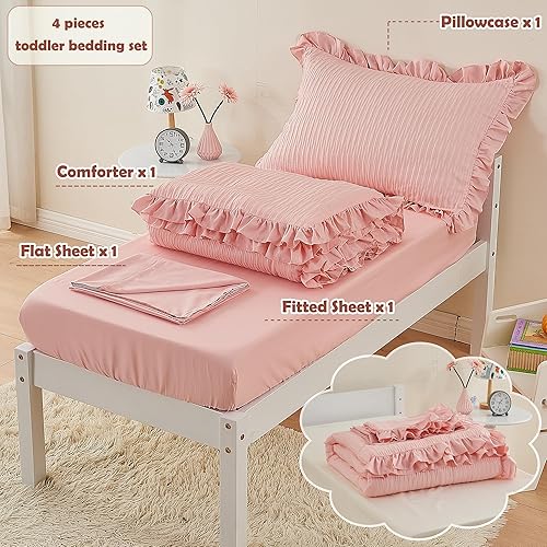 Miniatura 6 de Juego de ropa de cama de 4 piezas con textura de sirsaca para niñas, juego de sábanas para cuna, color beige, con volantes, ropa de cama suave y