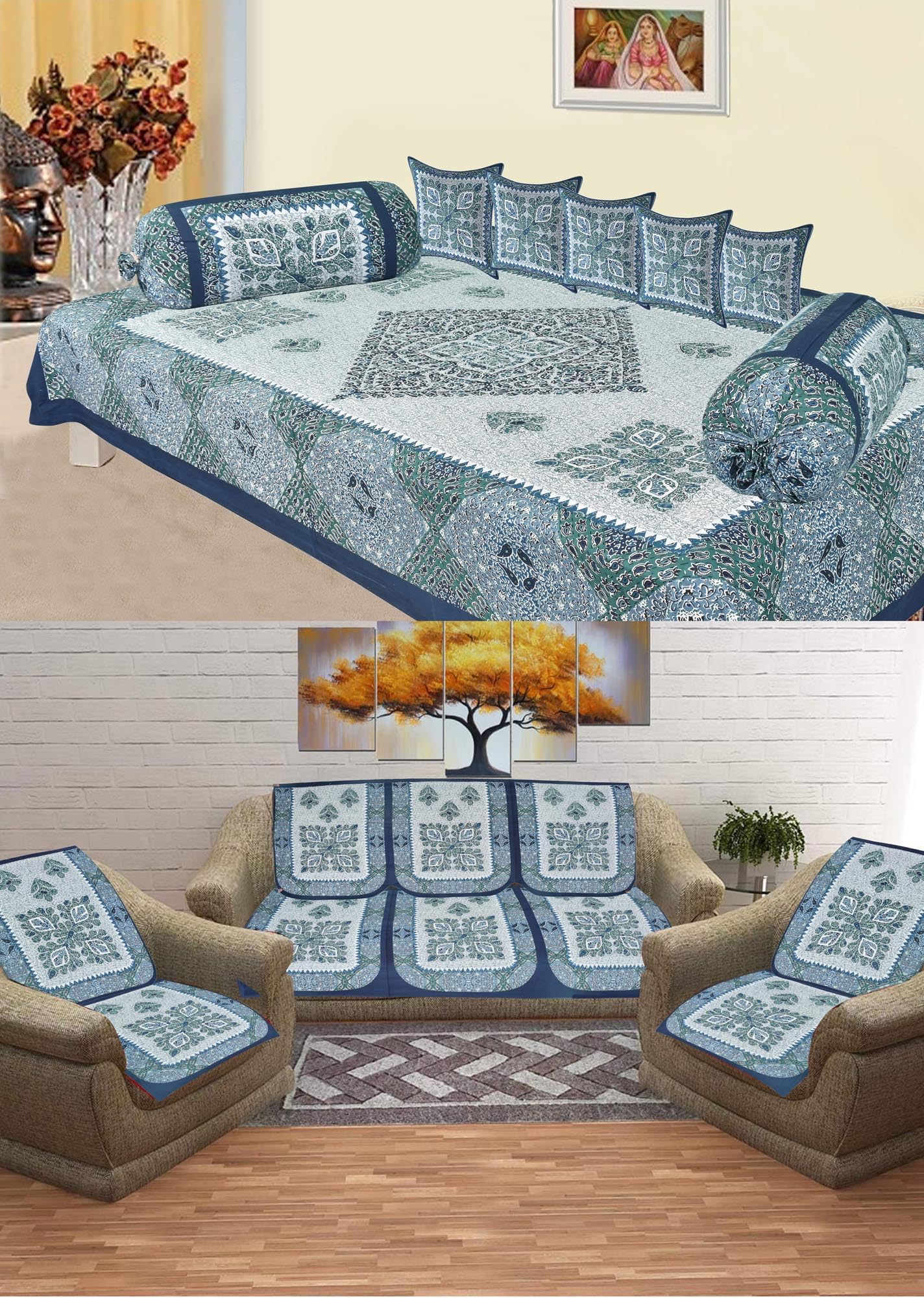 Floral Print Pure Cotton ROOMSET |Diwan & Sofa Cover Set Combo| Single Bedsheet, 2 Bolster Covers, 5 Cushion Covers and Five Seater Sofa Cover Set (Blue)