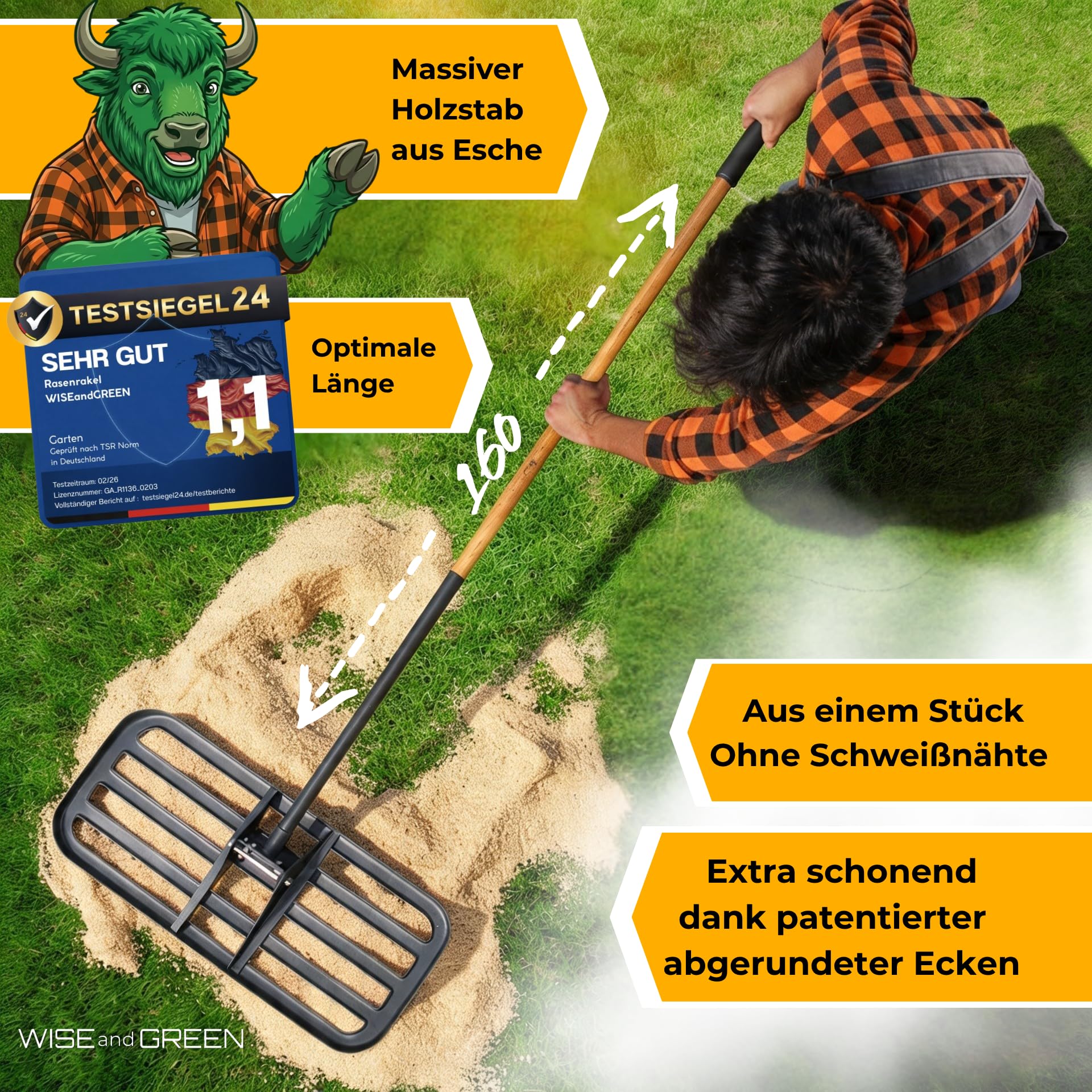 Rasenrakel für Ebenen Rasen | WISEandGREEN 80x30cm | Edelstahl | Kein Verhaken · Abgerundete Ecken · Holzstiel · Nivellierrechen