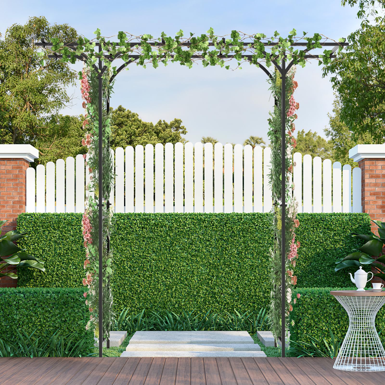 GOPLUS Rosenbogen aus Metall, 200 x 52 x 206 cm Gartenbogen mit Spalieren & erweitertem Dach, Torbogen Pergola Rankhilfe Hochzeitsbogen für Garten, Hochzeit & Party