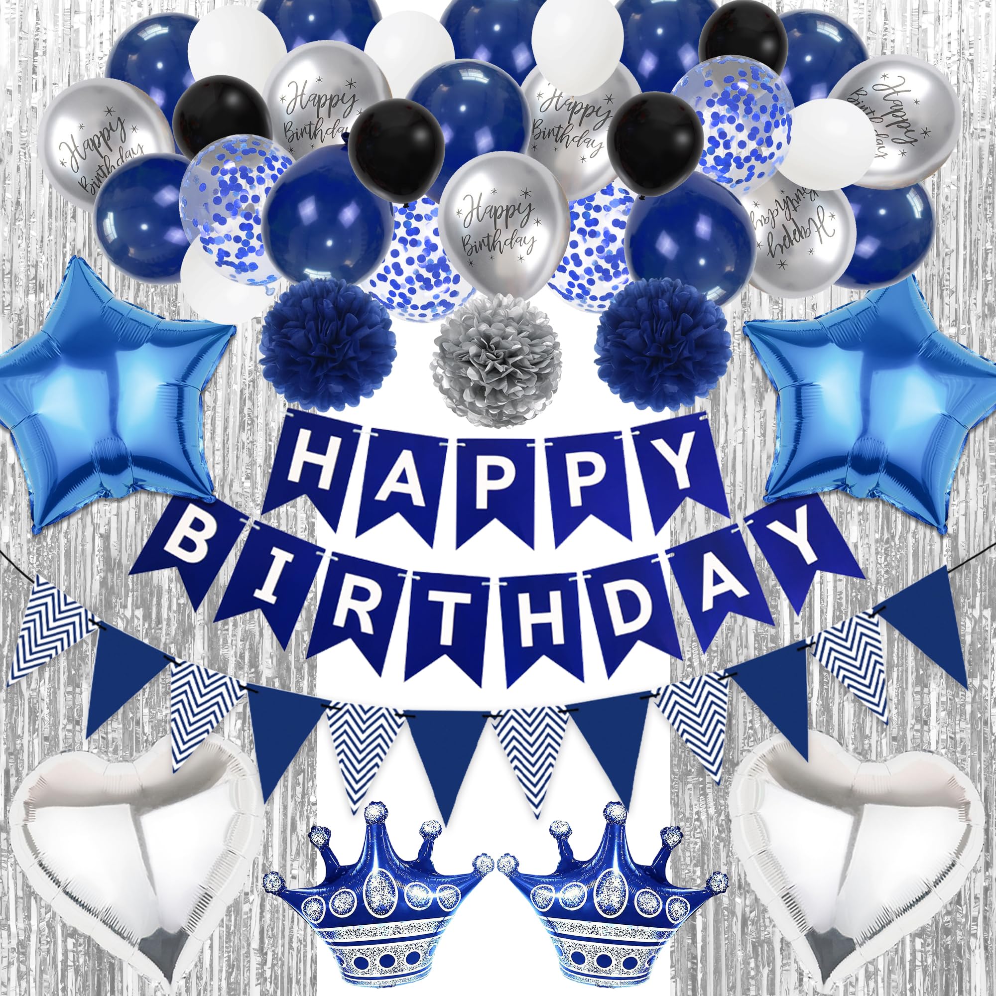 Geburtstag Party Dekoration Set – Blau-Silber Banner, Luftballons, Wimpel, Lametta Für Jungen/Männer