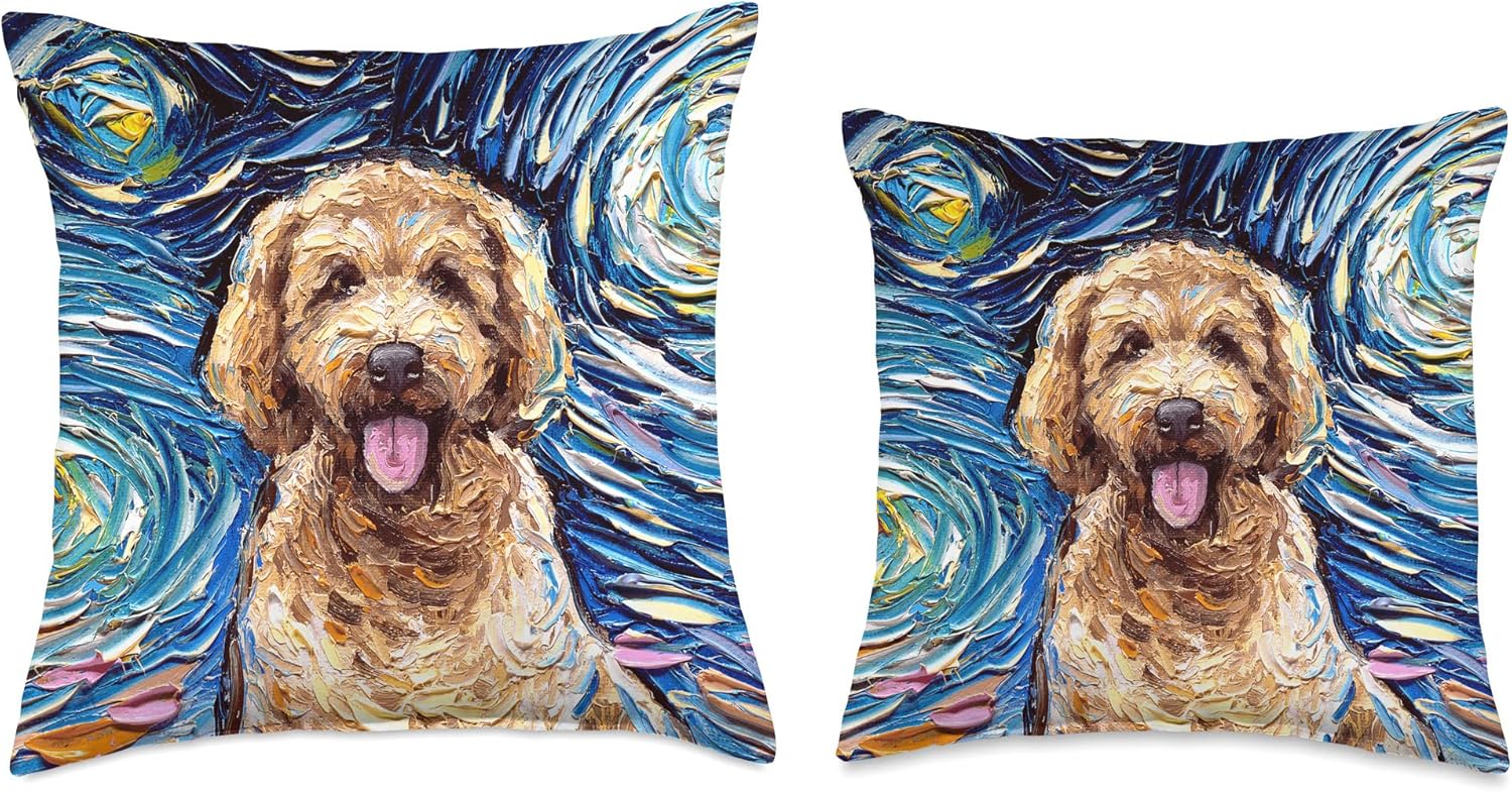 Cute Goldendoodle Starry Night Doodle Dog Art by Aja Throw Pillow