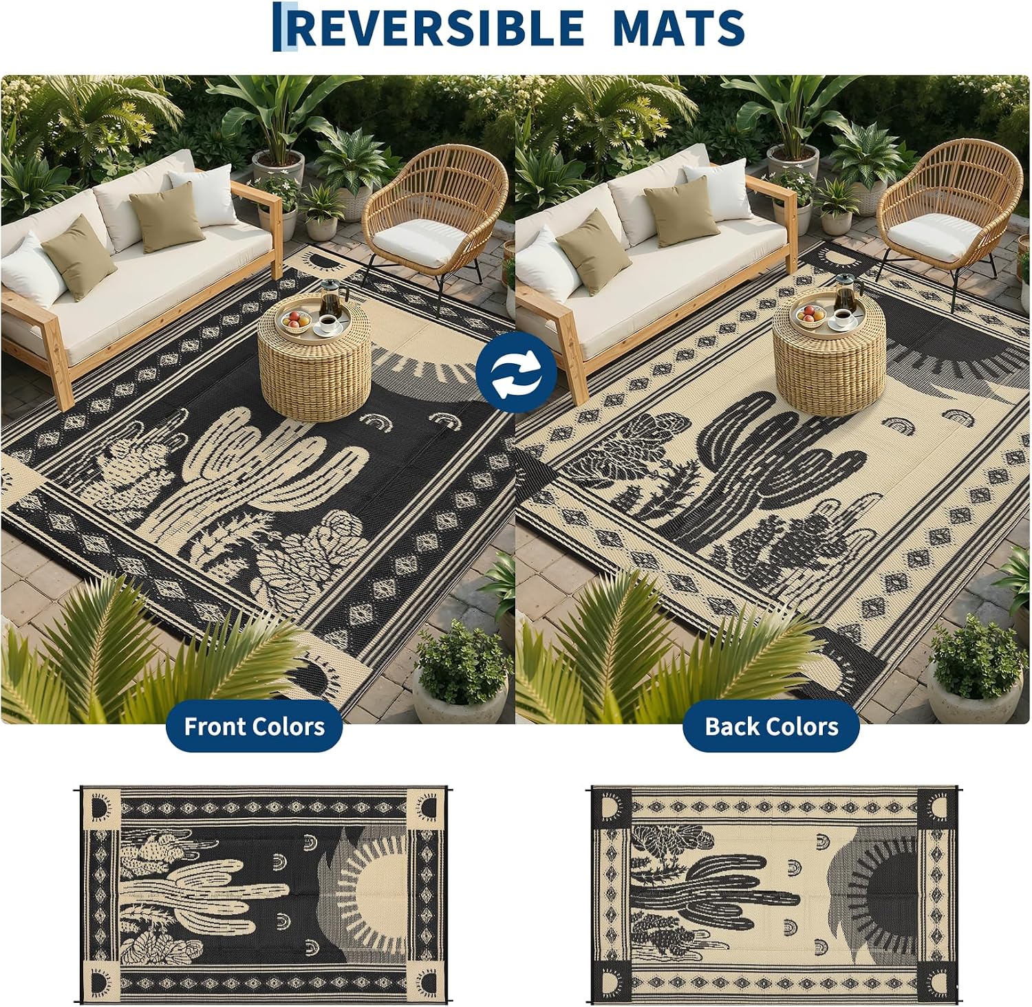 Garvee Waterproof Outdoor Rug 5x8, Cactus Botanical Outdoor Plastic Straw Rug for Camping, Reversible RV Mat Outside, Indoor Outdoor Carpet for Porch, Deck, Backyard, Balcony, Picnic, Black & Brown