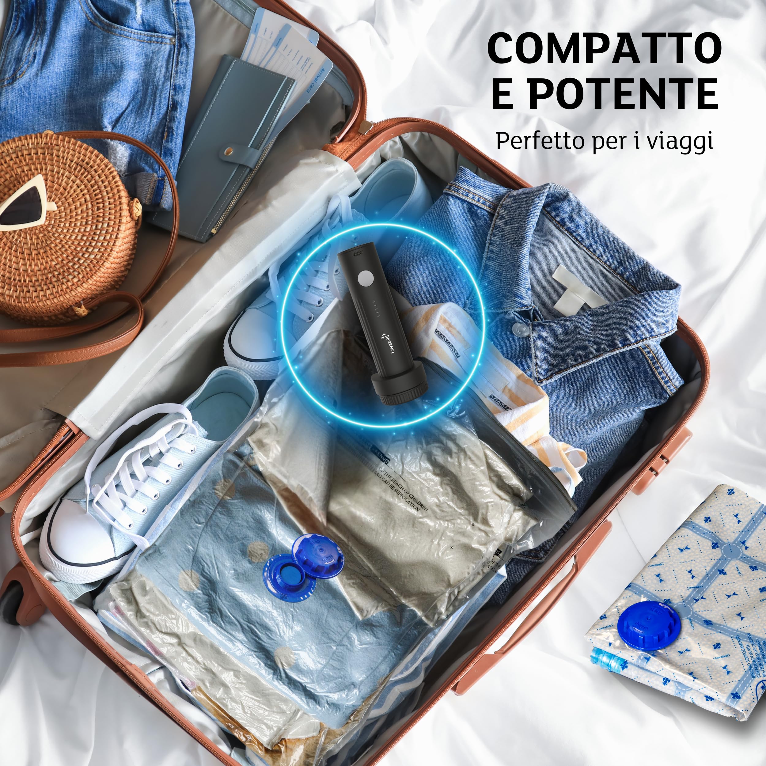 VAC-U-PUMP, Pompa Sottovuoto da Viaggio Wireless, per sacchi, buste, trolley e zaini con sottovuoto, Compatta, Potente e Facile da Usare per il Risparmio di Spazio, ricarica USB C con cavo incluso