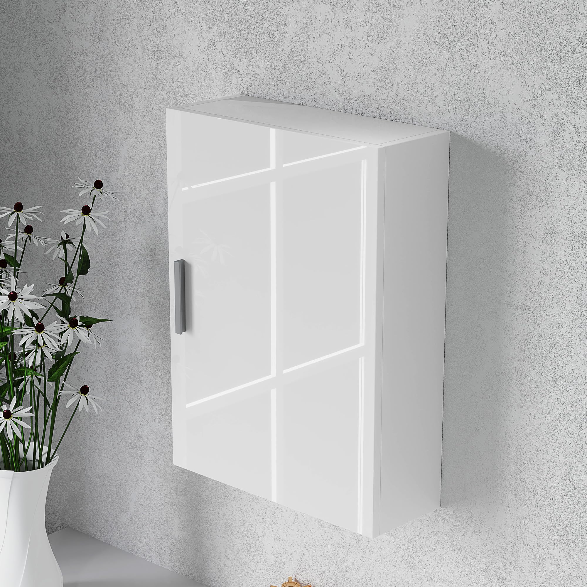 HOMCOM Armario de Baño Pared, Mueble de Baño Colgar con Estantes Ajustables de Vidrio Templado, Ahorro de Espacio, Armario Multiusos para Colgar para Entrada, 40x15x55 cm, Blanco Brillo