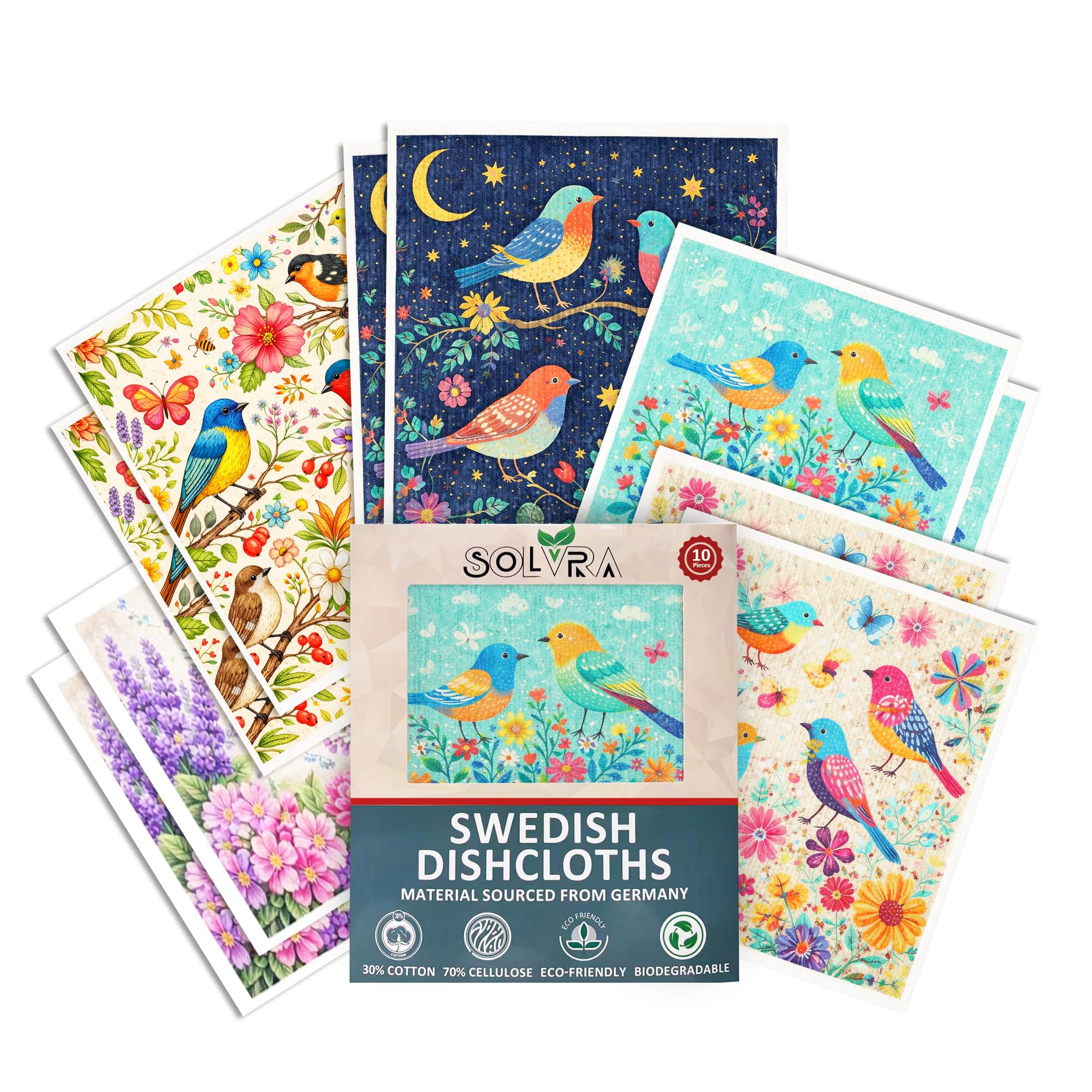 10 PCS Birds Print Swedish Dishcloths for Kitchen 100% Biodegradabl, Reusable Cellulose Sponge Cloth, Ultra Absorbent, Eco Friendly Cleaning Towels |