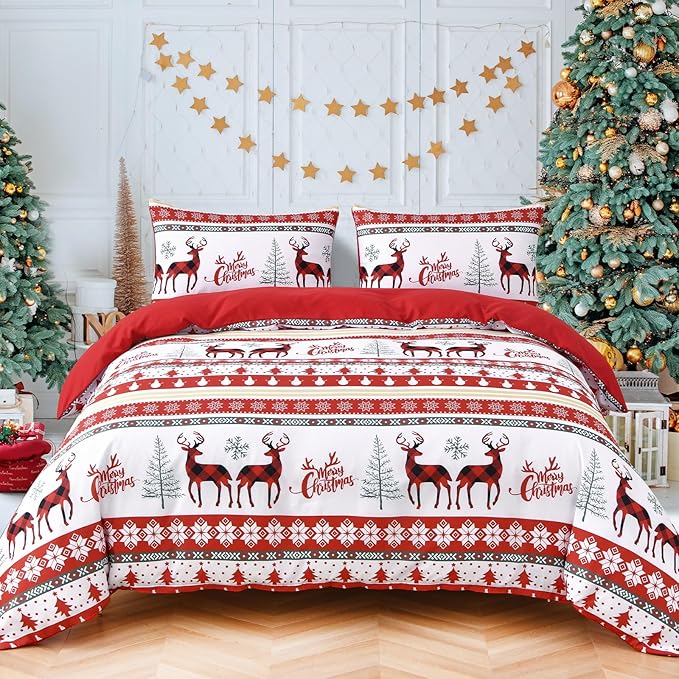 Christmas Duvet Cover Set Queen Reindeer Snowflakes Tree