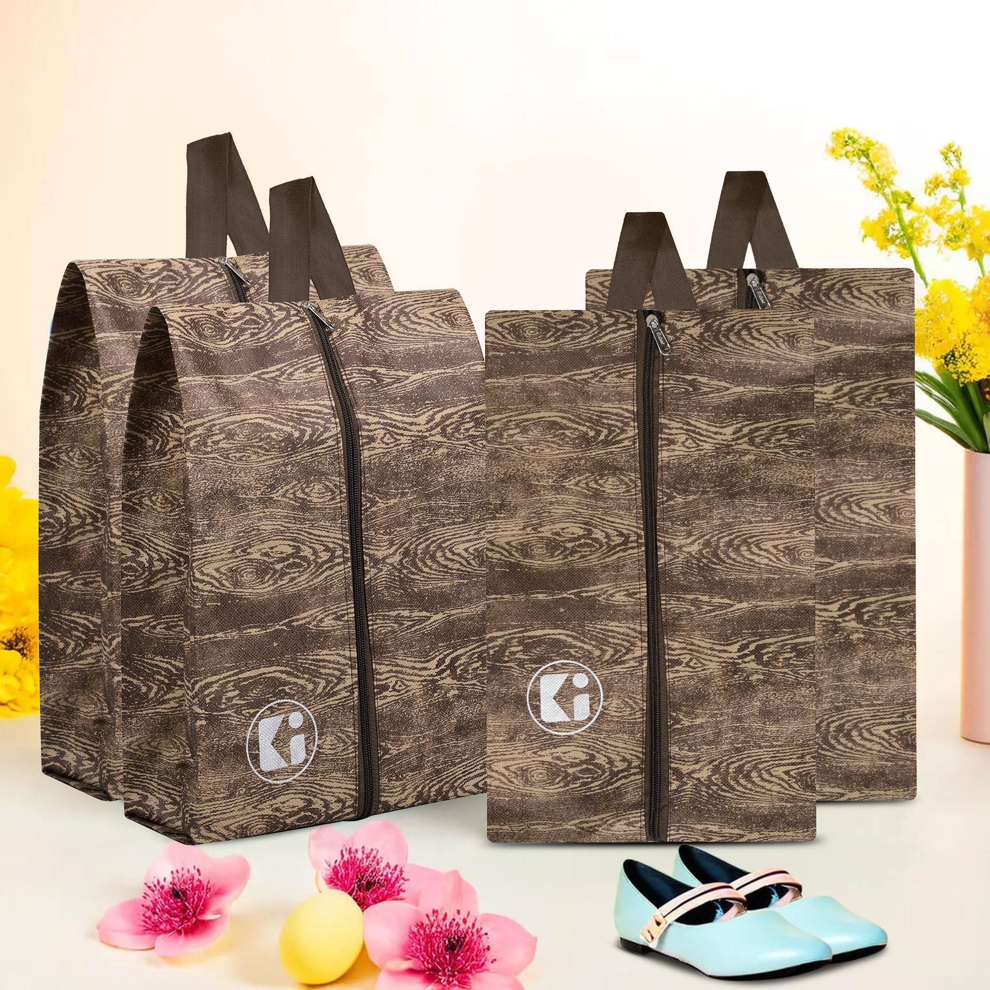 Heart HomeHeart Home Pack of 4 Travel Organizer | Travel Shoe Carrying Bag | Toiletry Pouch with Chain | Shoe Cover for Travel-Hiking-Adventure | Multipurpose Storage Organizer Bag | Wooden-Print | Brown