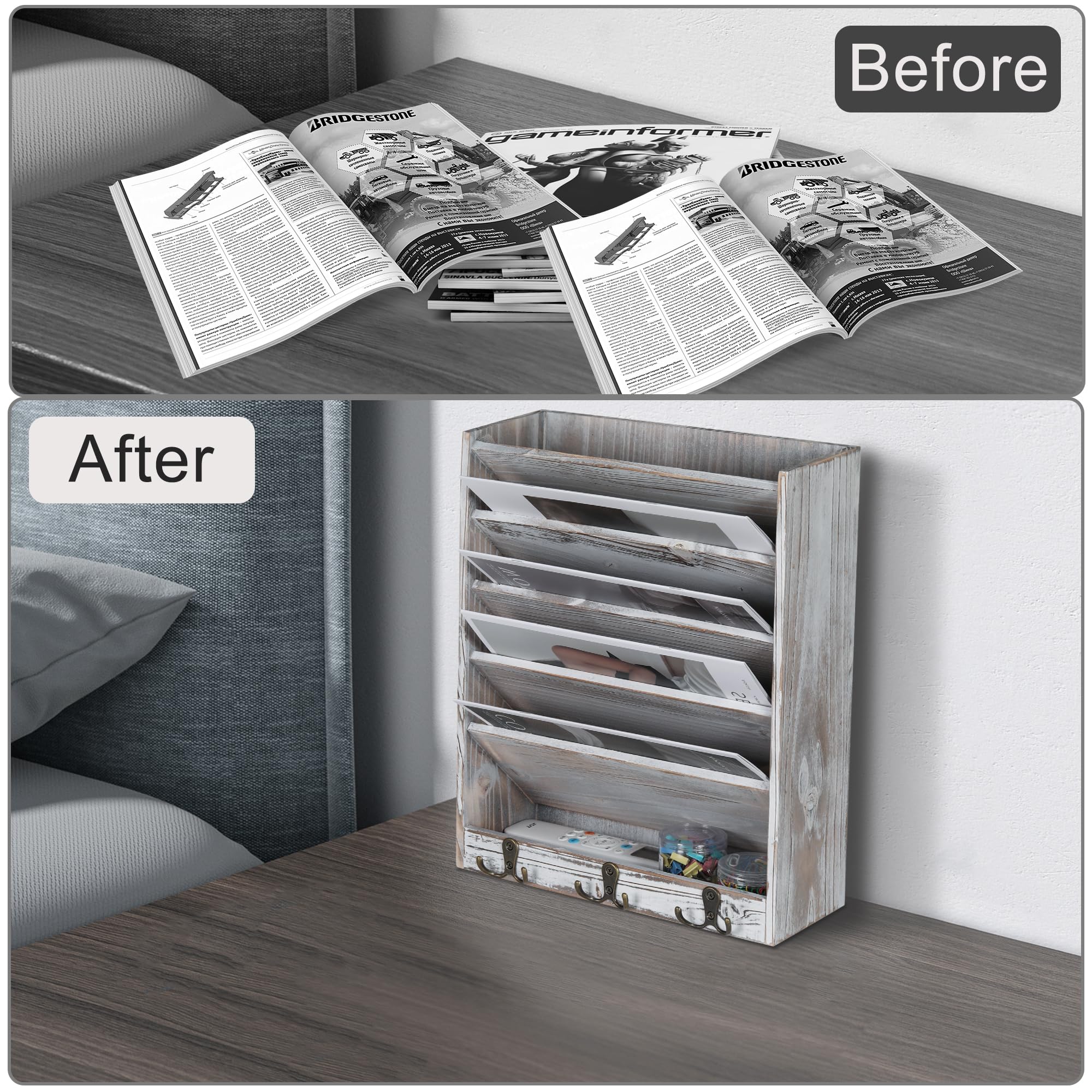 5 Tier Hanging Mail Magazine Organizer With Hooks Wood Look PAG 5-Tier Wall File Holder – Wood Magazine & Mail Organizer With 6 Hooks, Brown, Saves Desk Space Brown Office Wall Organizer - View #10