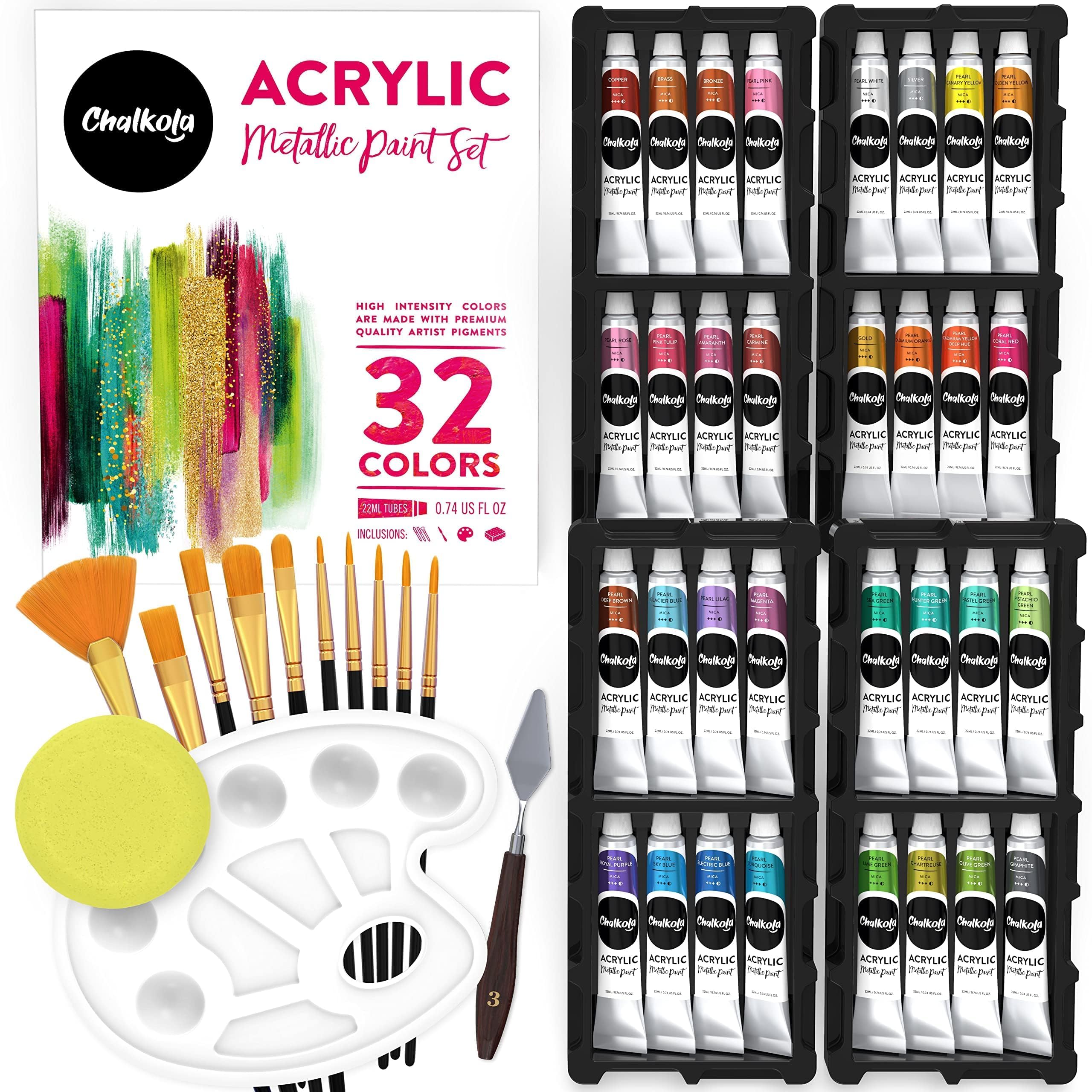 Chalkola Metallic Acrylic Paint Set - 32 Metallic Paint Tubes (22ml) (incl Gold, Silver), 10 Painting Brushes, 1 Knife, Sponge & Palette - Professional Metal Acrylic Craft Paints for Artists, Adults