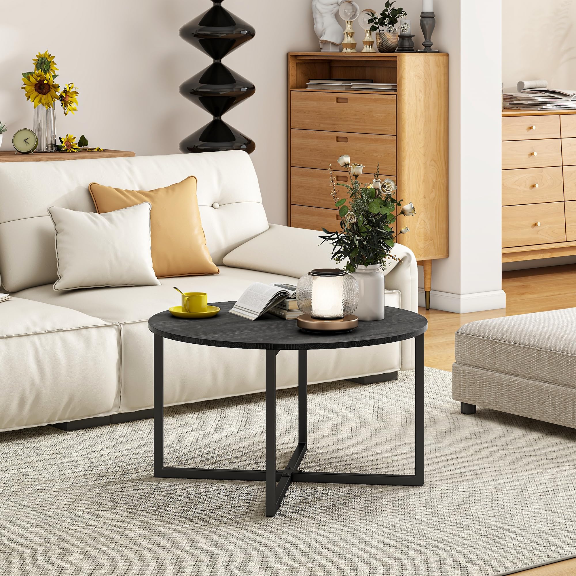 HOJINLINERO Table basse ronde pour salon avec pieds en métal, table de cocktail avec aspect bois, facile à assembler, noire