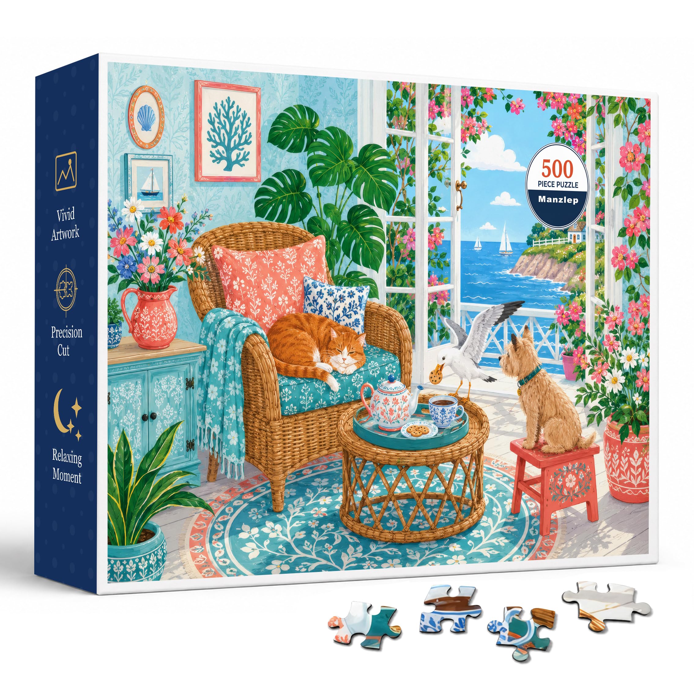 Coastal Sunroom 500 Piece Jigsaw Puzzle for Adults, Seaside Cottage Porch Scene with Wicker Chair, Lighthouse View, Blooming Vines, Tea Table, Cat, Dog and Seagull, 20.5 x 15 Inch Finished Size