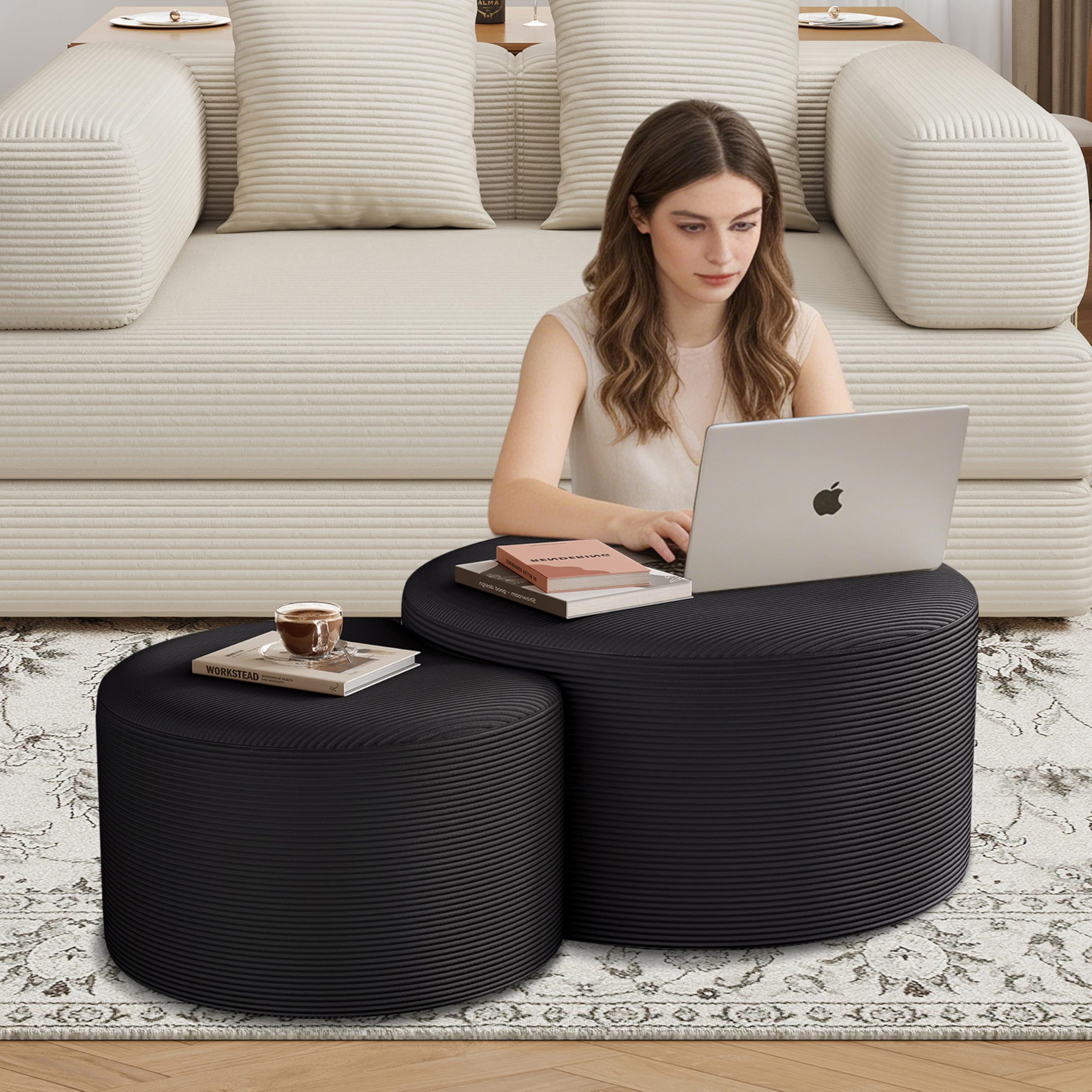 Nesting Coffee Table Set of 2 Upholstered Round Corduroy Circle Foam Round Side Table for Living Room Entryway
