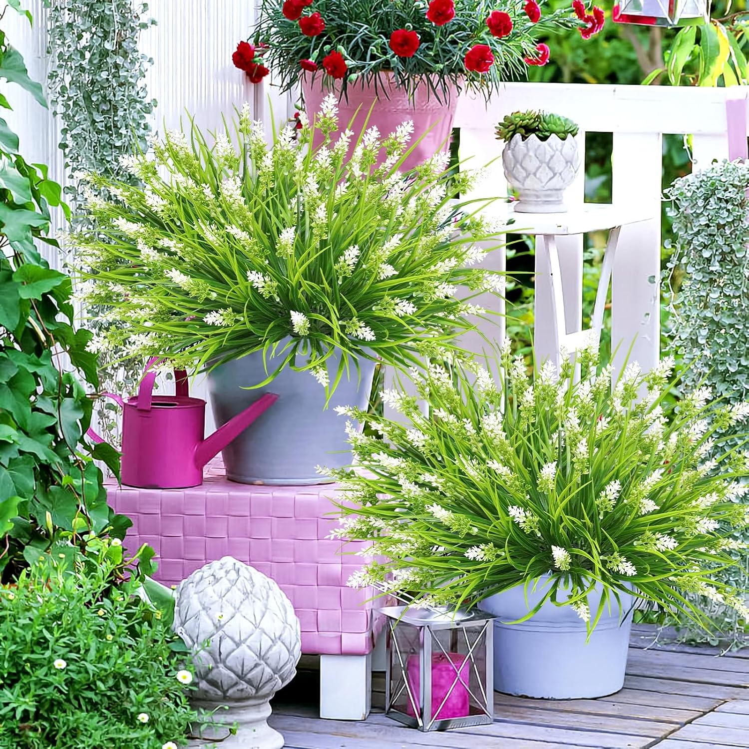 obbsie 36 Bundles Artificial Plants Outdoor, 18.2" UV Resistant Faux Monkey Grass Greenery Stems No Fade Faux Plastic Flowers Shrubs for Home Weddings Garden Porch Front Patio Office Decor- White
