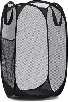 Handy Laundry Collapsible Mesh Pop Up Hamper with Wide Opening and Side Pocket - Breathable, Sturdy, Foldable, and Space-Saving Design for Clothes and Storage (Black)