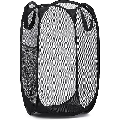 Handy Laundry Collapsible Mesh Pop Up Hamper with Wide Opening and Side Pocket - Breathable, Sturdy, Foldable, and Space-Saving Design for Clothes and Storage (Black)