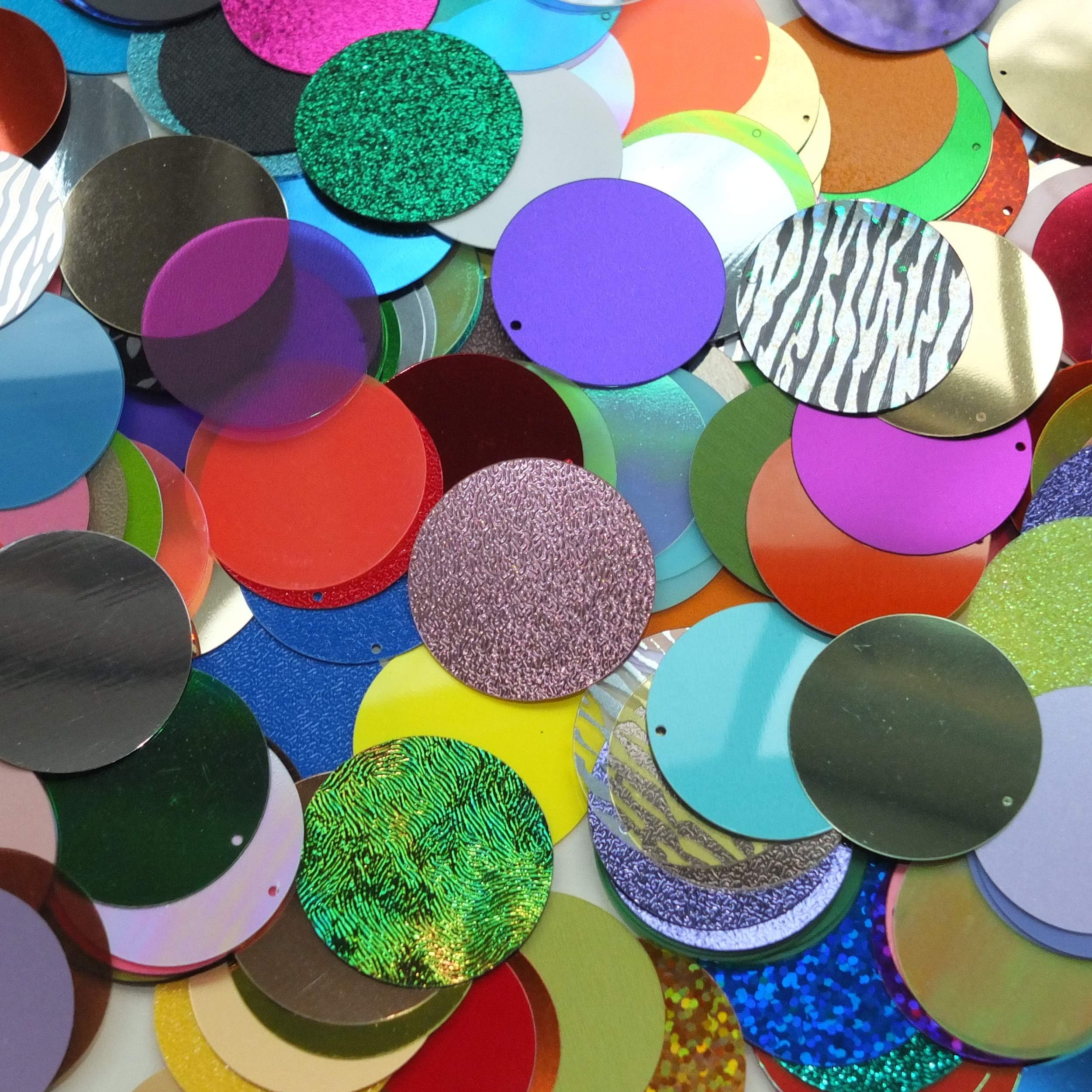 Sequin Mix Multicolor 30mm Flat Round Loose Paillettes Made in USA. Assorted Colors and finishes.