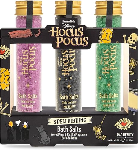 MAD BEAUTY Disney Hocus Pocus - Tubos de ensayo de sales de baño (Trio), terciopelo ciruela y vainilla perfumados, cuidado de cuerpo completo,