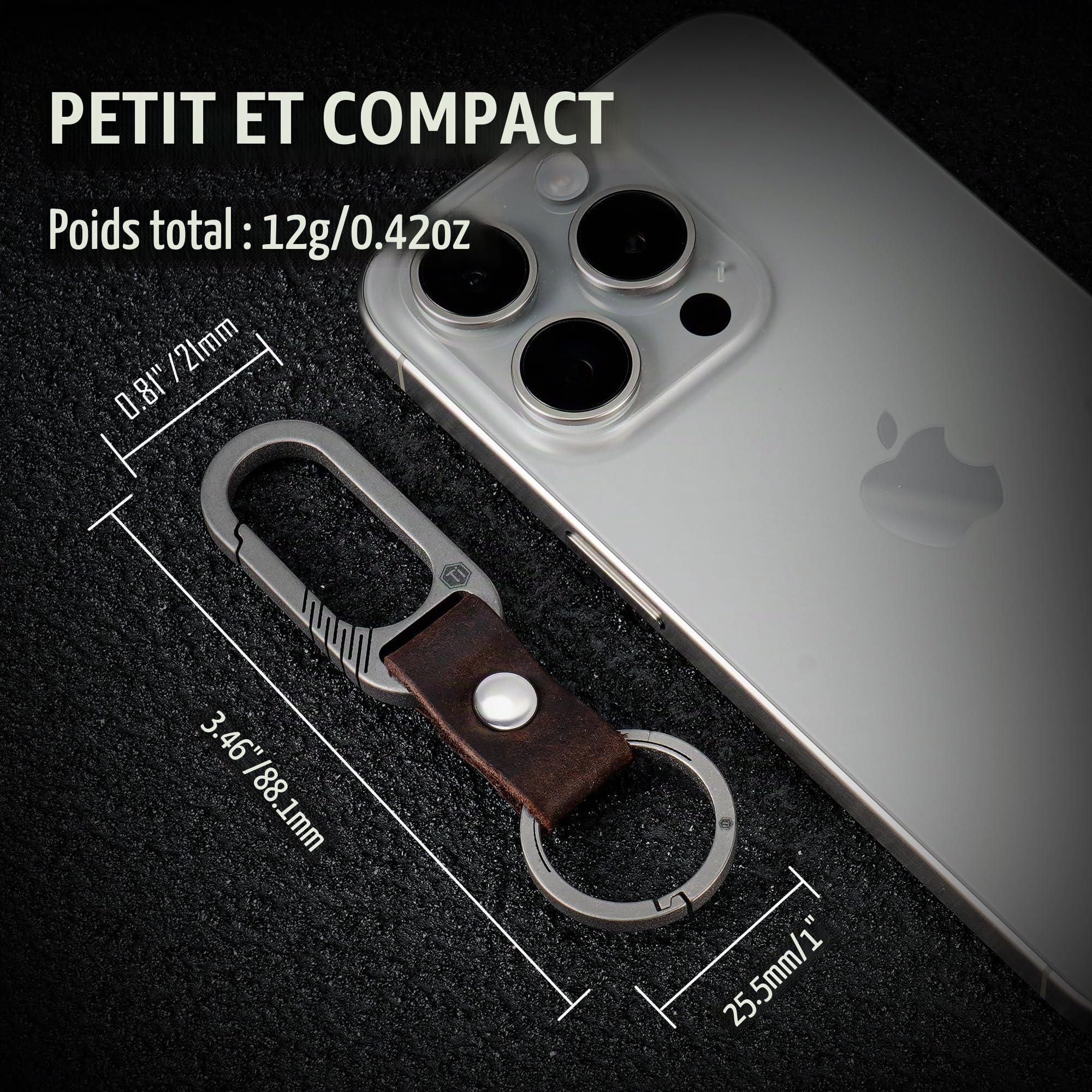 KeyUnity KM02 Clip Ceinture en Titane Mousqueton Porte-clés en Cuir avec Porte-clés Amovible en Acier Inoxydable