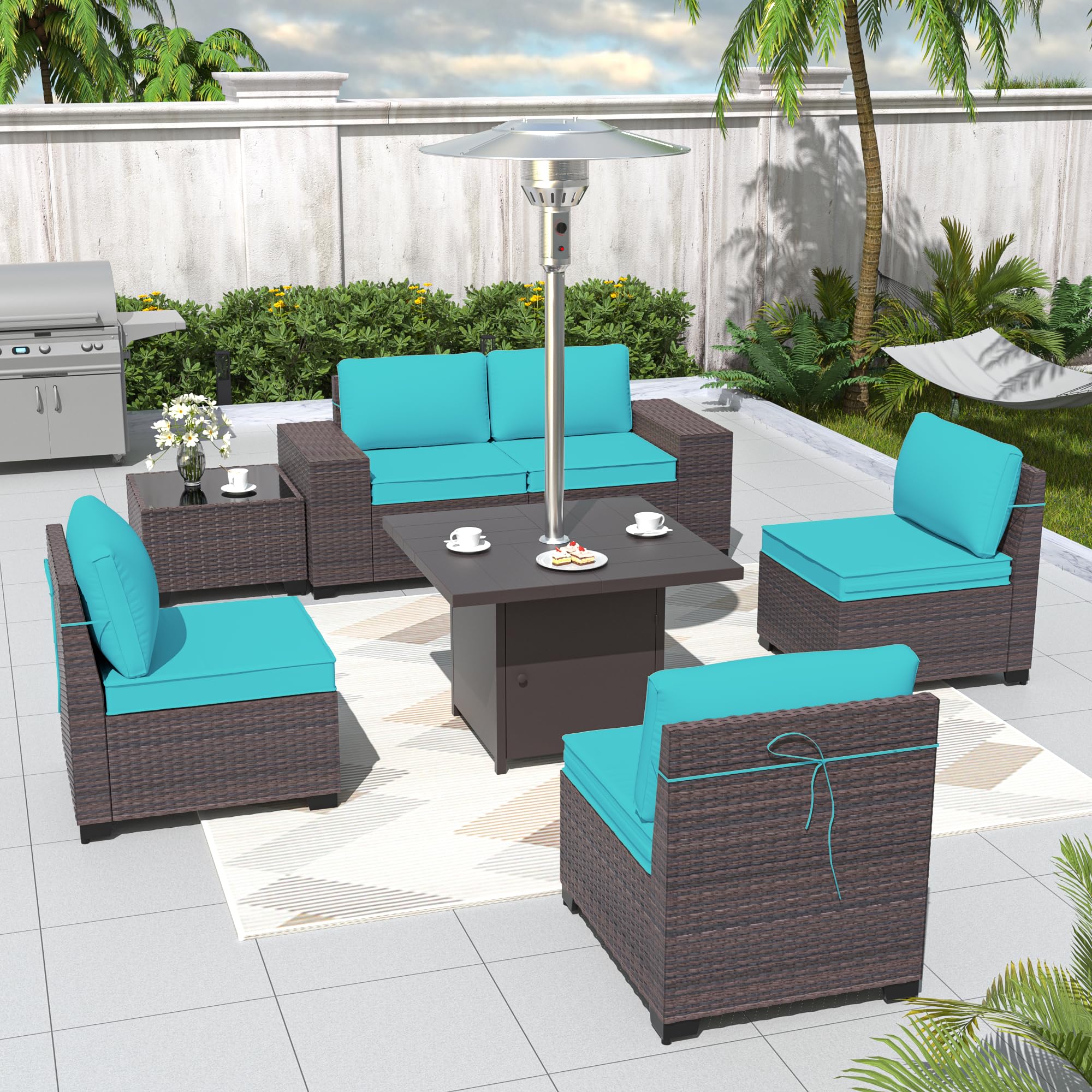 Delnavik Patio Furniture Sectional Sofa Set 7 Pieces PE Rattan Patio Conversation Set Outdoor Heater with Table, Outdoor Furniture with 45000 BTU Propane Fire Pit, Blue