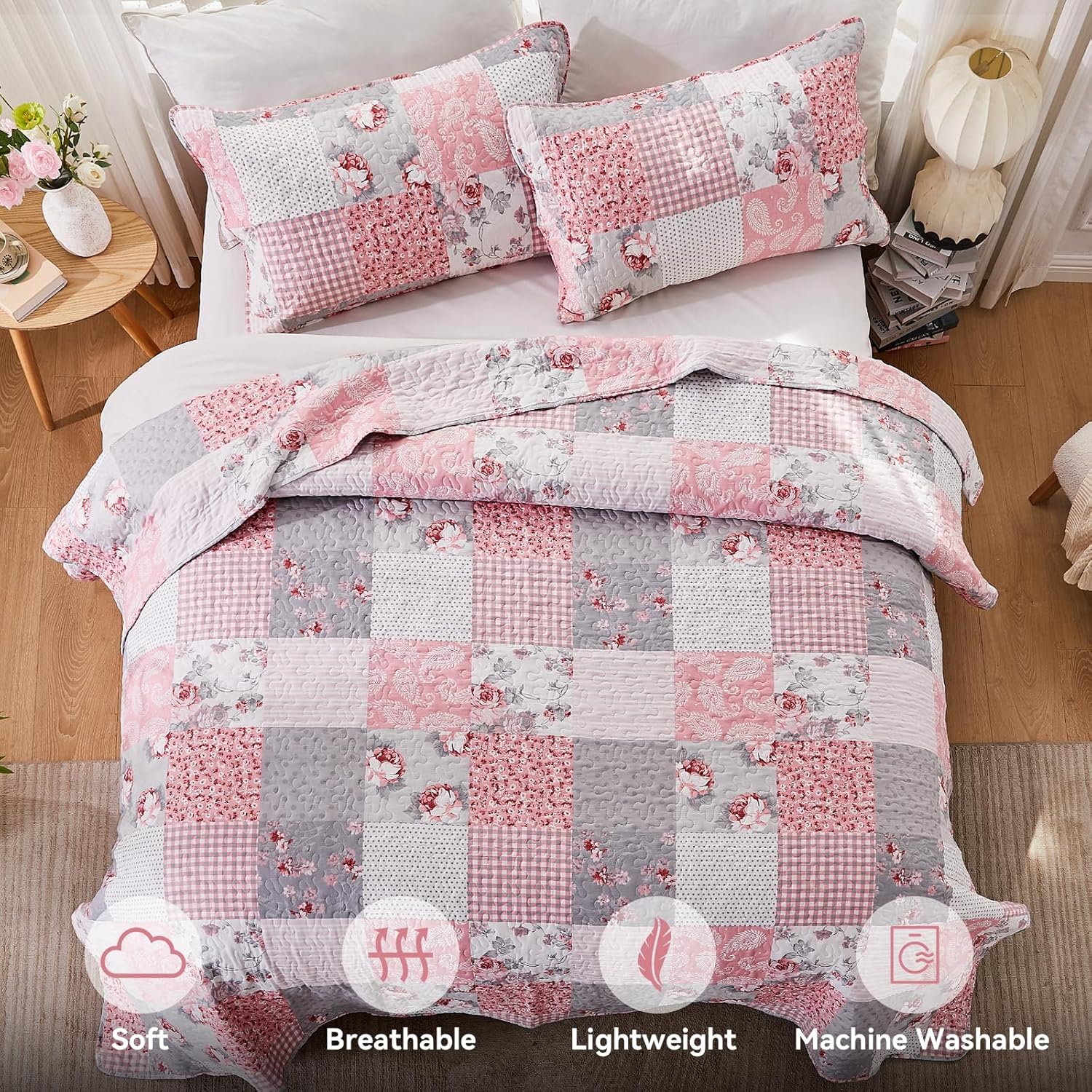 Oversized King Size Pink Grey Floral Quilt Set 128x120 Plaid Patchwork Extra Wide Super King Size Comforter Rversible Quilted Bedspread Coverlet Set 3-Piece Bedding Set Bed Cover with 2 Pillow Shams | Oversized King Quilt, Pink Plaid Quilt Set, 128x120 Quilt, Floral Quilt Set, Rversible Quilt, Patchwork Quilt - Image 3