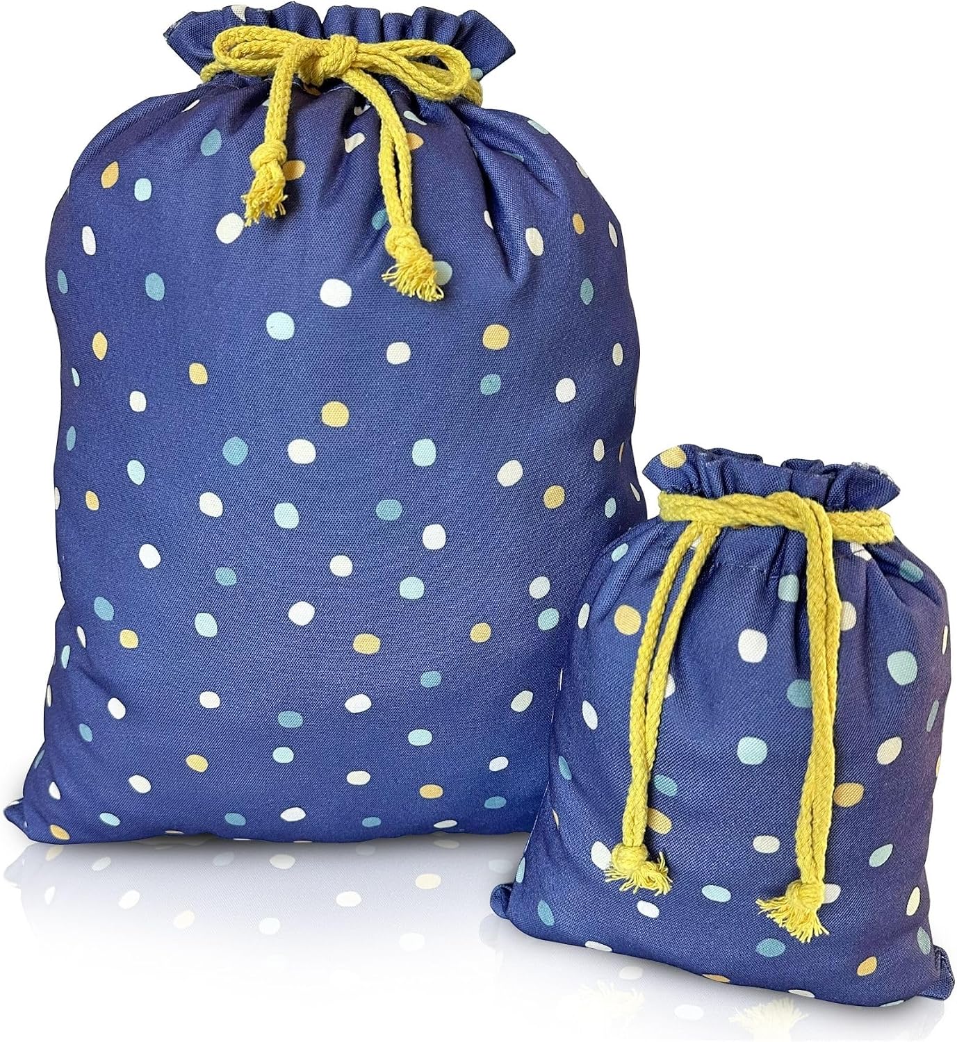 Gather & Knot Dot Gift Bags | Reusable Fabric Drawstring Bags | Large 20” & Small 12” | Premium Canvas Wrap for Birthdays, Showers & Gifting | Navy Painted Dots
