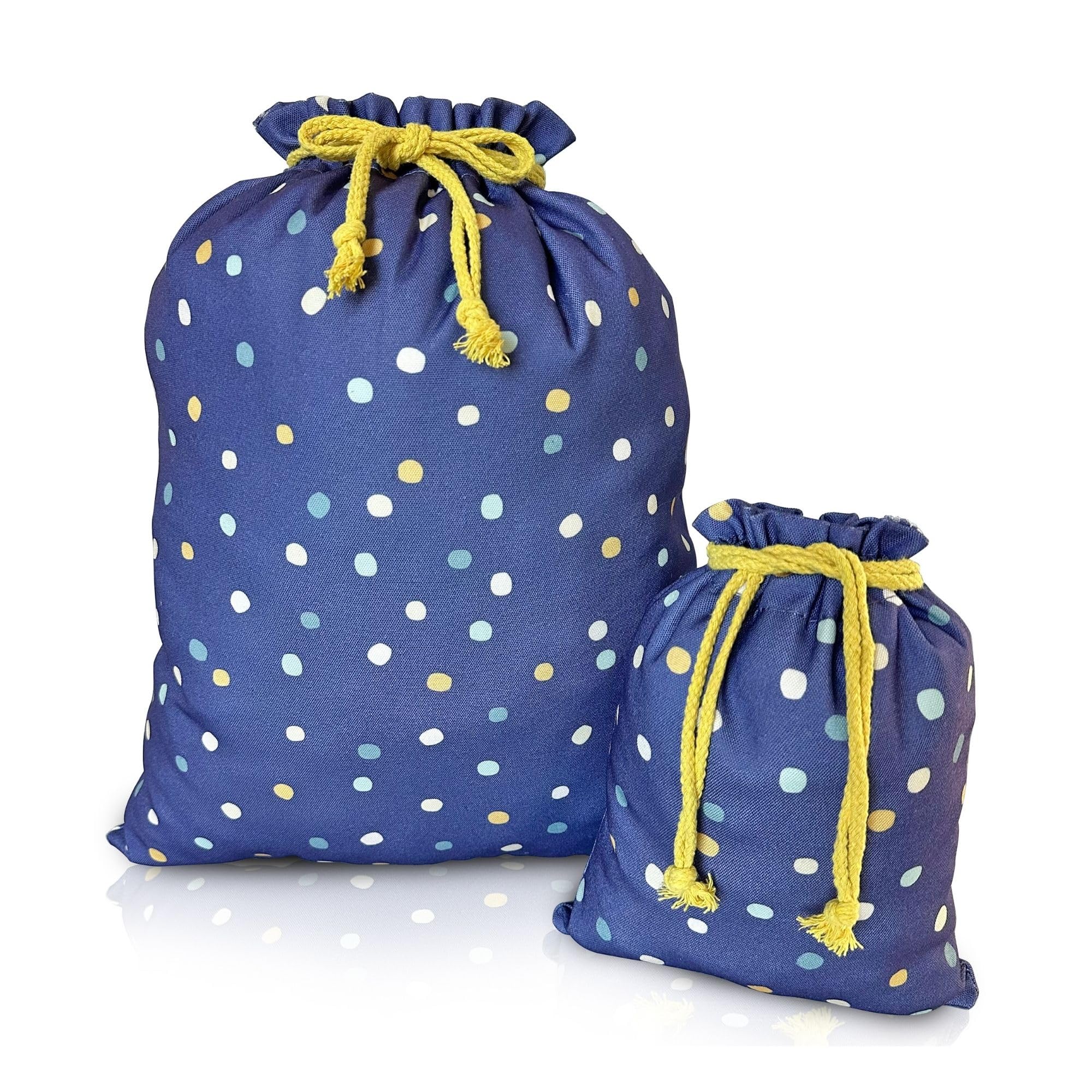 Gather & Knot Dot Gift Bags | Reusable Fabric Drawstring Bags | Large 20” & Small 12” | Premium Canvas Wrap for Birthdays, Showers & Gifting | Navy Painted Dots