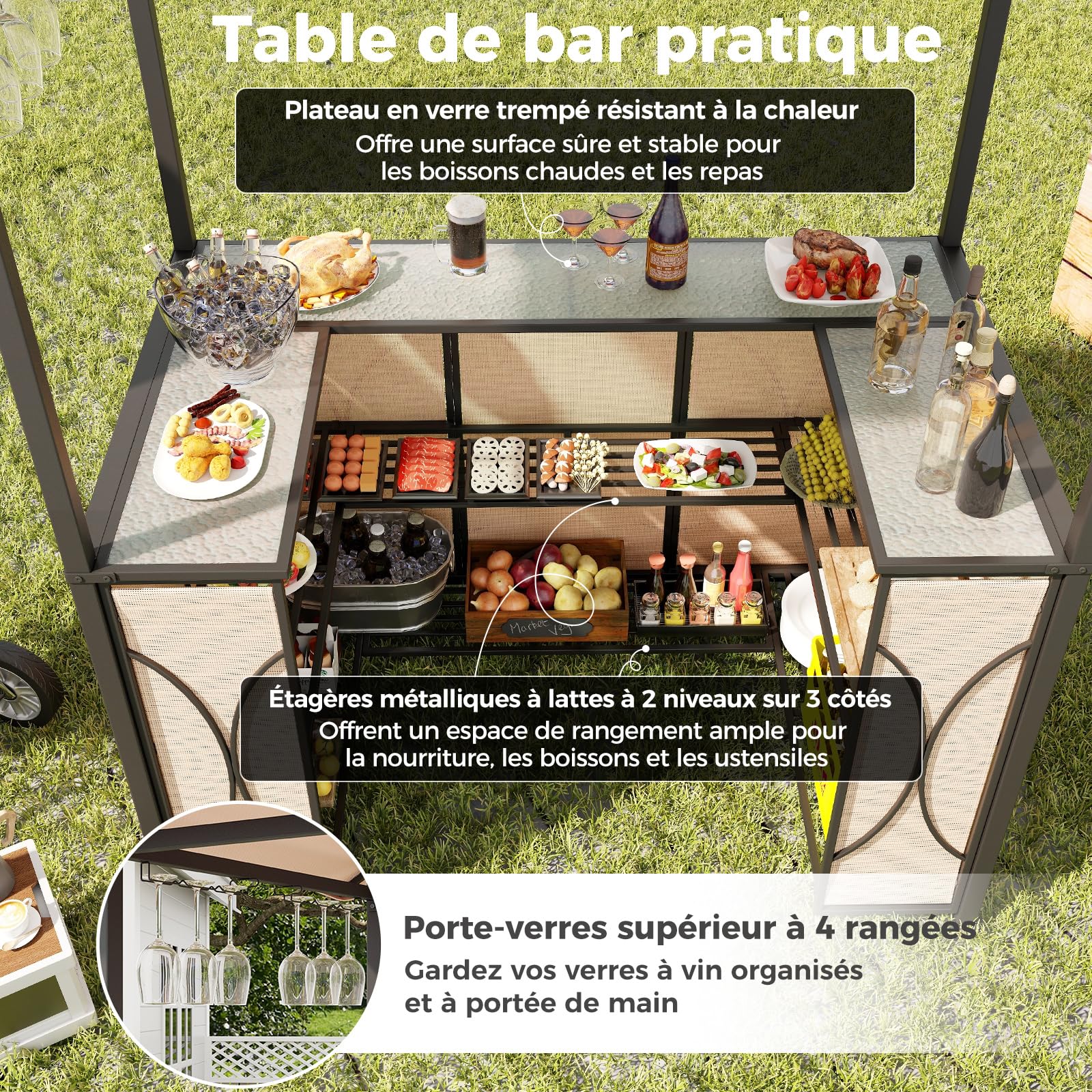 GOPLUS Abri Barbecue avec Bar d'Extérieur, Table de Bar en Verre Trempé, 2 Tabourets, 194 x 121 x 242 cm