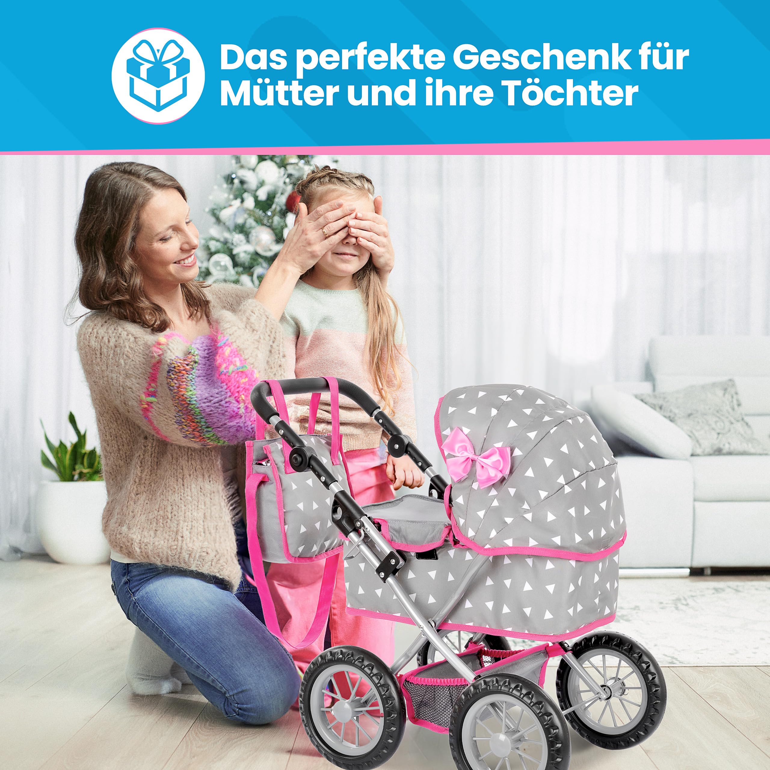Kinderplay Puppenwagen mit großer Wanne – Höhenverstellbarer Griff 33–63 cm – Für Puppen bis 41 cm – Leichter Puppenbuggy für Kinder ab 3 Jahren – Leise Schaumräder